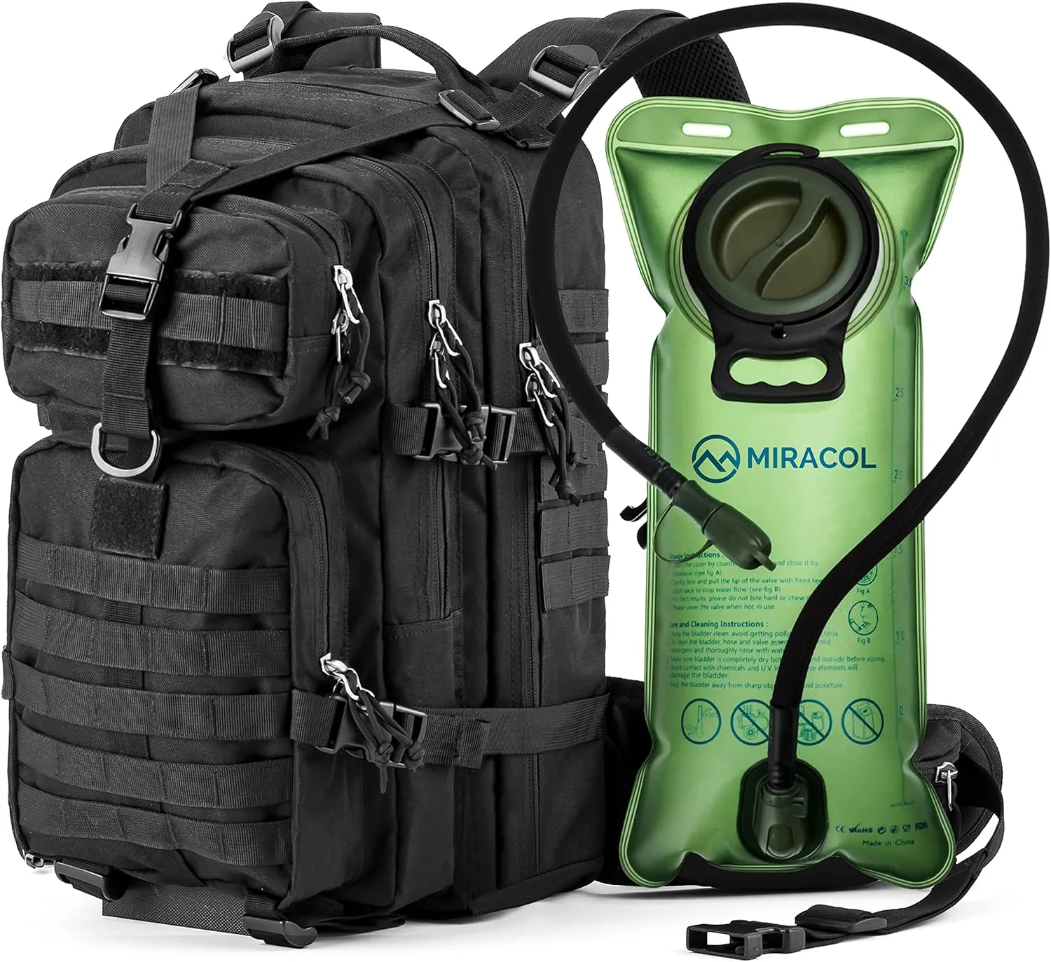 MIRACOL Tactical Survival Backpack Kit: 35L MOLLE Pack with 2.5L Hydration Bladder - Emergency Go Bag for Urban Disaster Volunteers - Reflective Rescue Gear for Evacuation & Field Missions