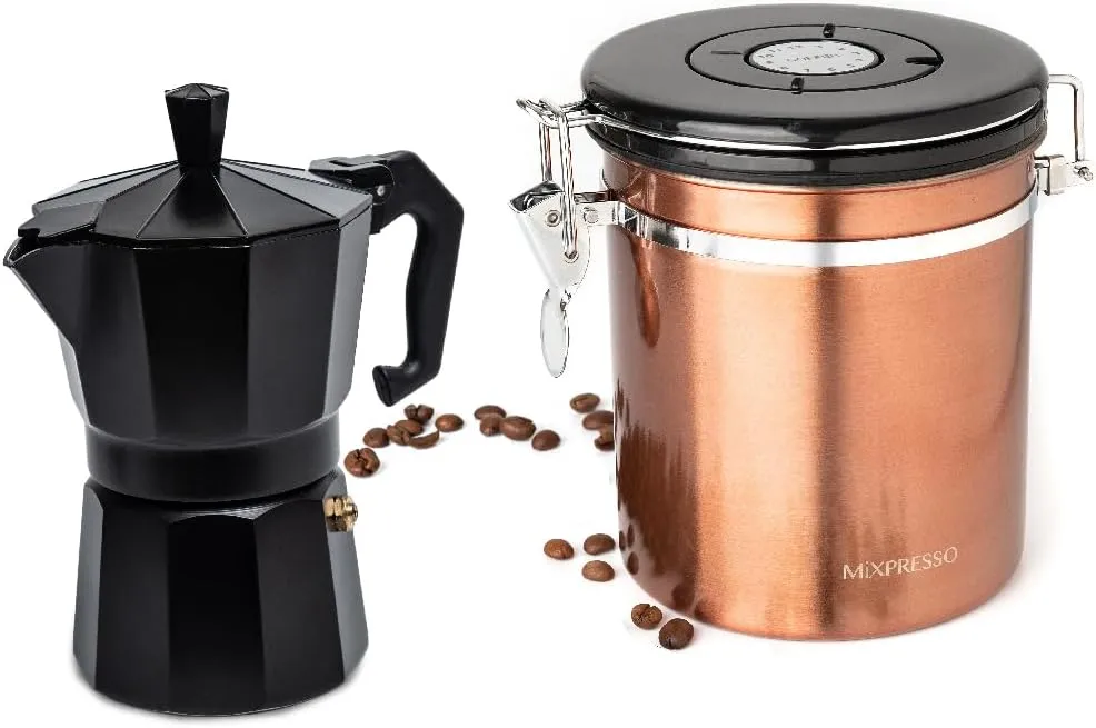 Mixpresso Bronze Stainless Steel Airtight Coffee Container with Date Tracker For Coffee & Tea, Coffee Jar 16 Ounces Bundle With Aluminum Moka Stove Coffee Maker, Black Espresso Maker Stovetop, Excelle