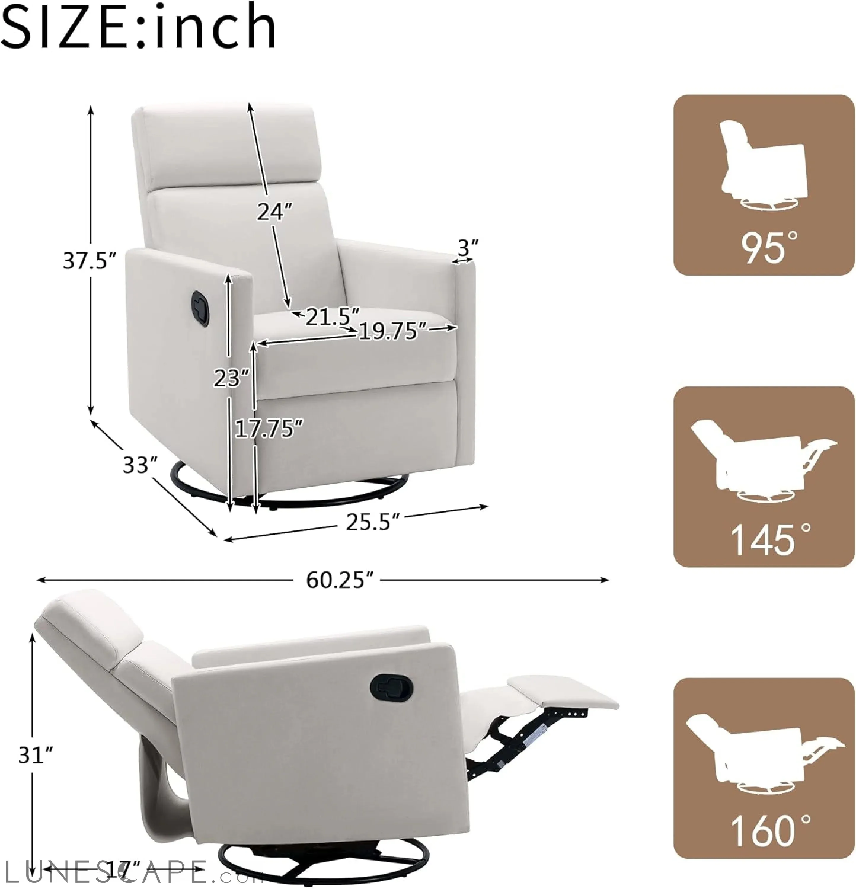 Modern Mid Century Upholstered Recliner Chair with Thick Seat Cushion