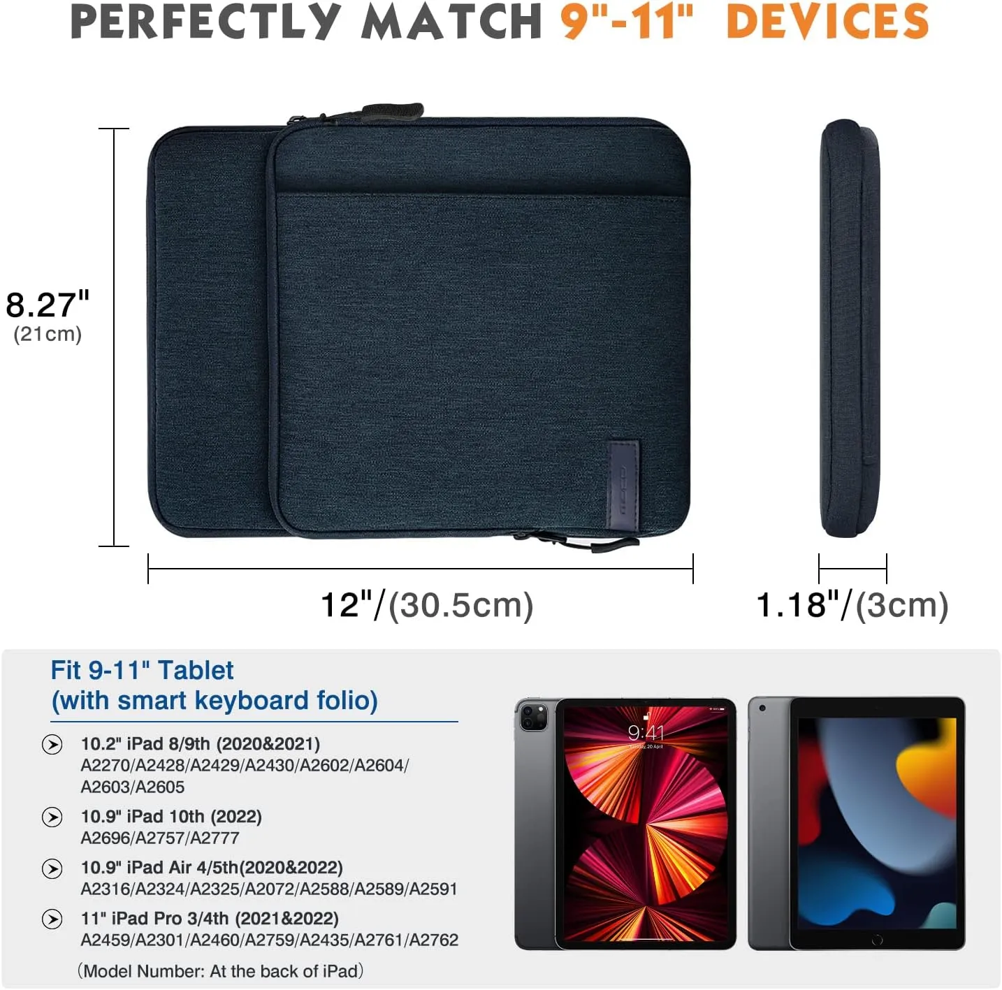 MoKo 9-11 Inch Tablet Sleeve Bag Carrying Case with Storage Pockets Fits New 11-inch iPad Pro M4/iPad Air M2 2024, iPad Air 5/4 10.9, iPad Pro 11, iPad 10/9/8th 10.9/10.2, Tab S8/S9 11, Indigo