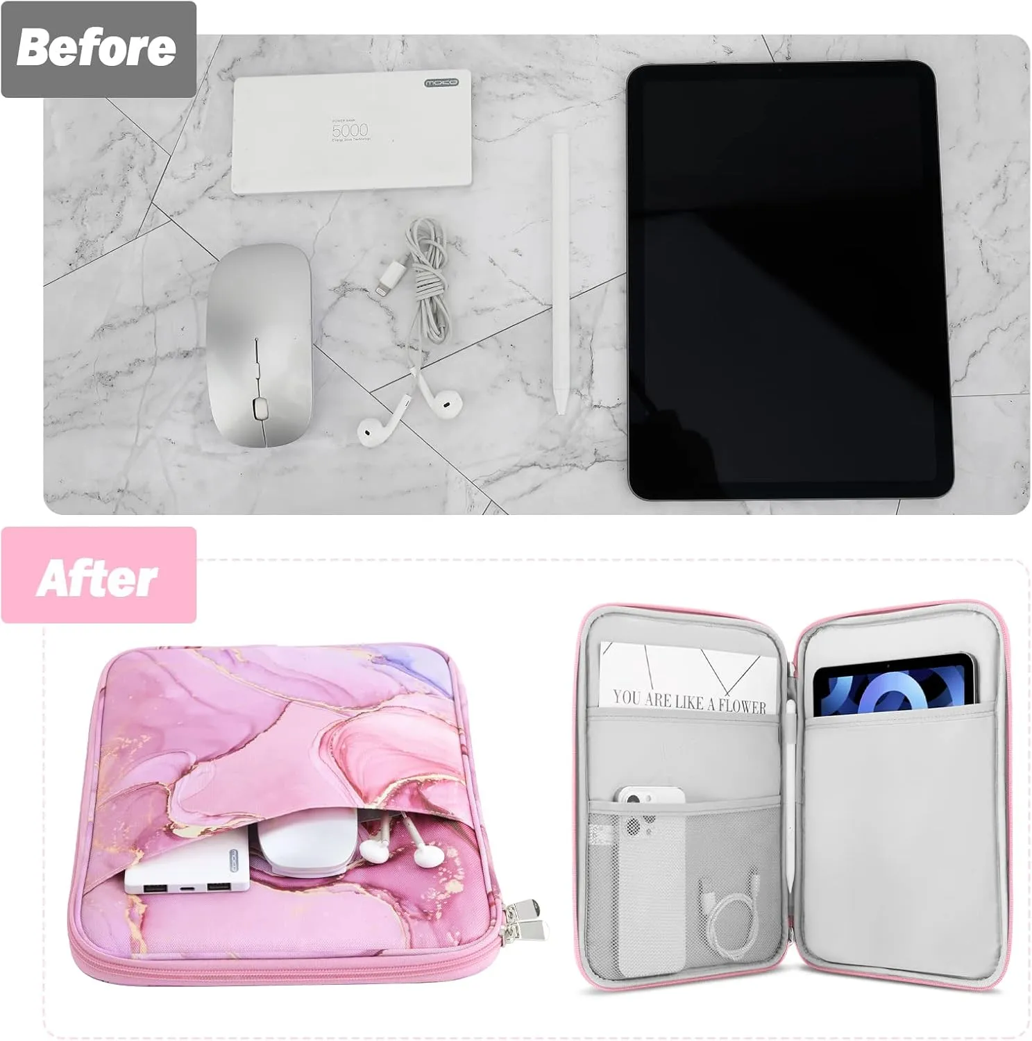 MoKo 9-11 Inch Tablet Sleeve Case, Fits 11inch iPad Air M3, iPad A16 2025, Pro 11 M4, iPad 10/9/8/7th, Galaxy Tab S9/S8/A8/A7, Protective Bag Carrying Case with Pocket,Cloudy Pink