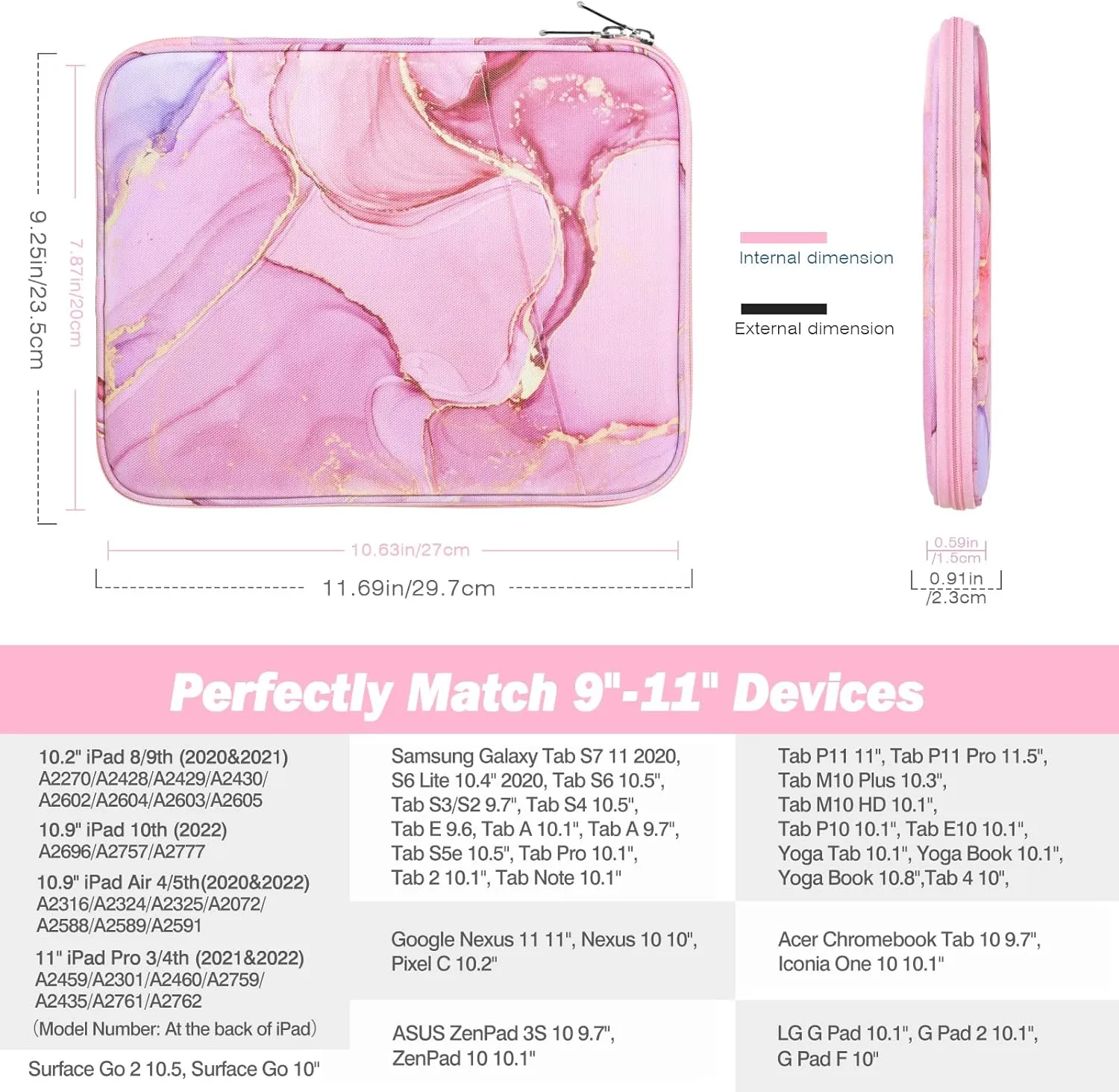 MoKo 9-11 Inch Tablet Sleeve Case, Fits 11inch iPad Air M3, iPad A16 2025, Pro 11 M4, iPad 10/9/8/7th, Galaxy Tab S9/S8/A8/A7, Protective Bag Carrying Case with Pocket,Cloudy Pink