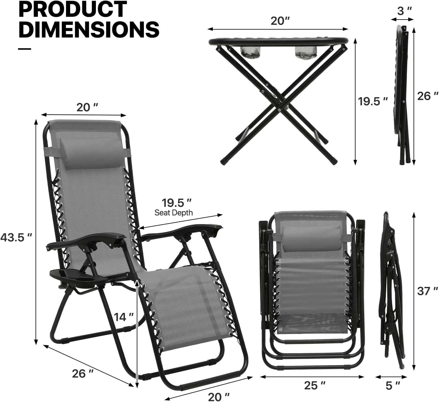 MoNiBloom Indoor/Outdoor Zero Gravity Chairs 3-Piece, Adjustable Folding Reclining Chairs with Folding Table, Pillow and Tray, Pool Patio Lawn Beach Vacation Lounger, 330lbs Capacity, Grey