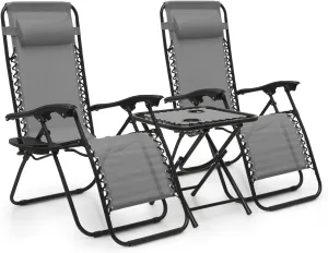 MoNiBloom Indoor/Outdoor Zero Gravity Chairs 3-Piece, Adjustable Folding Reclining Chairs with Folding Table, Pillow and Tray, Pool Patio Lawn Beach Vacation Lounger, 330lbs Capacity, Grey