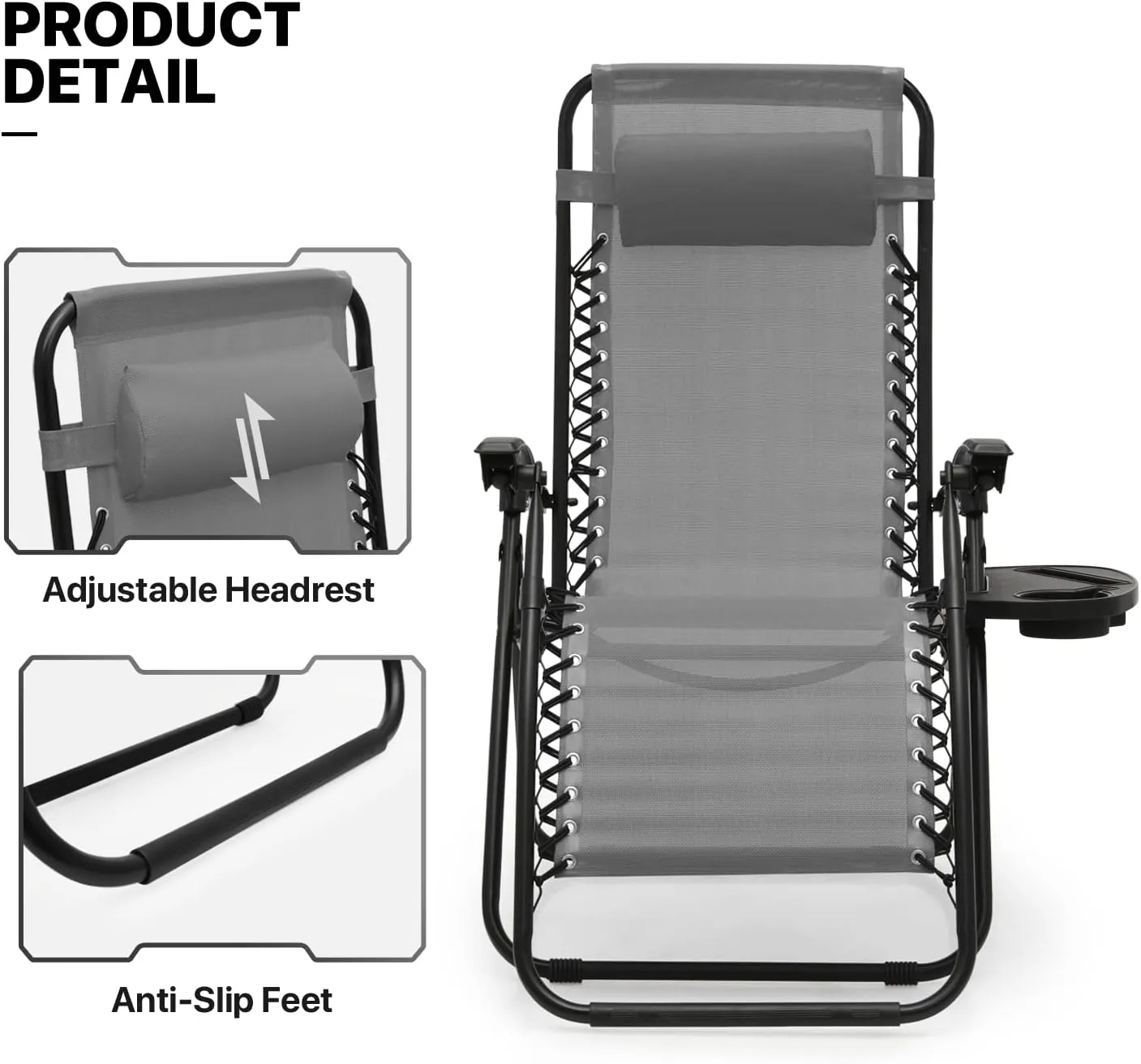 MoNiBloom Indoor/Outdoor Zero Gravity Chairs 3-Piece, Adjustable Folding Reclining Chairs with Folding Table, Pillow and Tray, Pool Patio Lawn Beach Vacation Lounger, 330lbs Capacity, Grey