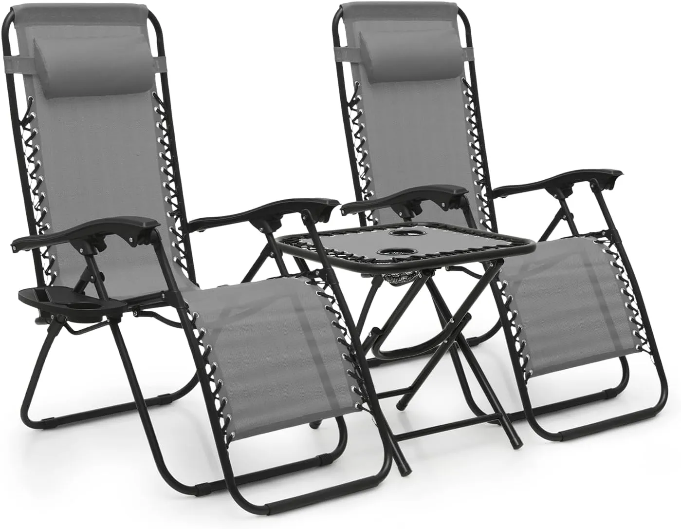 MoNiBloom Indoor/Outdoor Zero Gravity Chairs 3-Piece, Adjustable Folding Reclining Chairs with Folding Table, Pillow and Tray, Pool Patio Lawn Beach Vacation Lounger, 330lbs Capacity, Grey