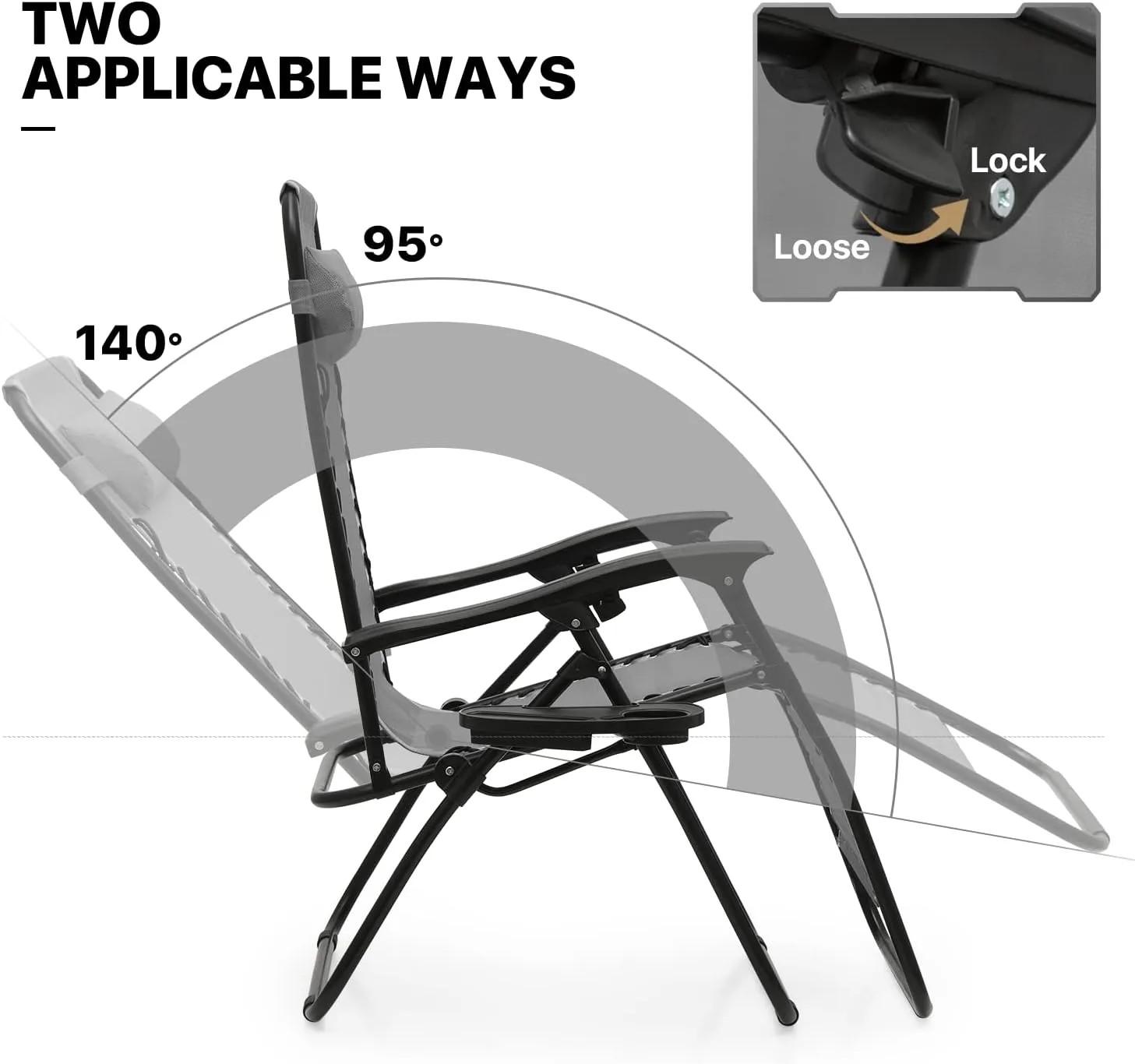 MoNiBloom Indoor/Outdoor Zero Gravity Chairs 3-Piece, Adjustable Folding Reclining Chairs with Folding Table, Pillow and Tray, Pool Patio Lawn Beach Vacation Lounger, 330lbs Capacity, Grey