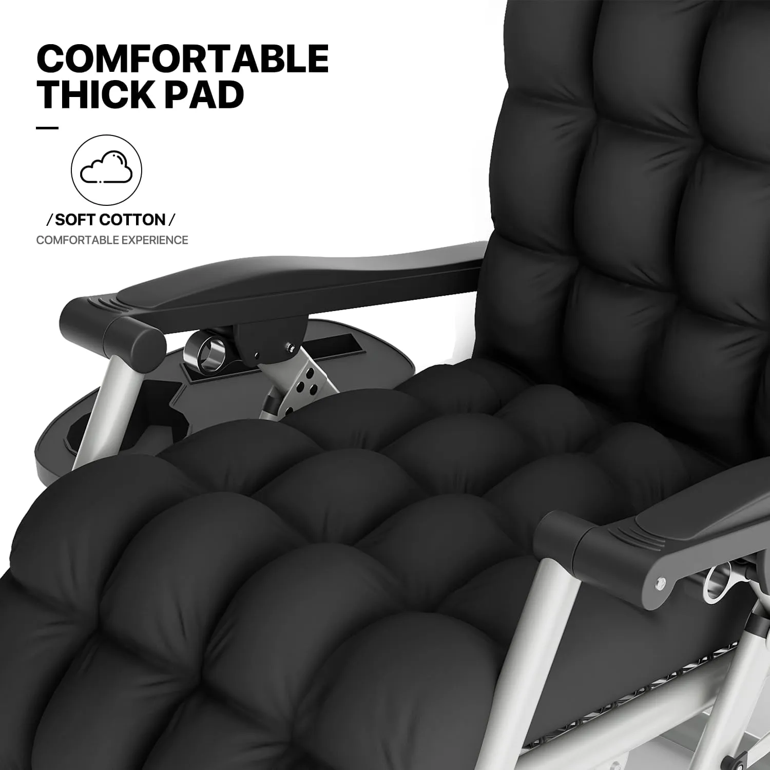 MoNiBloom Reinforced Zero Gravity Chair, Folding Pool Beach Lounger, Portable Tanning Chaise with Cushion, Headrest and Side Tray, 330lbs Capacity - Black