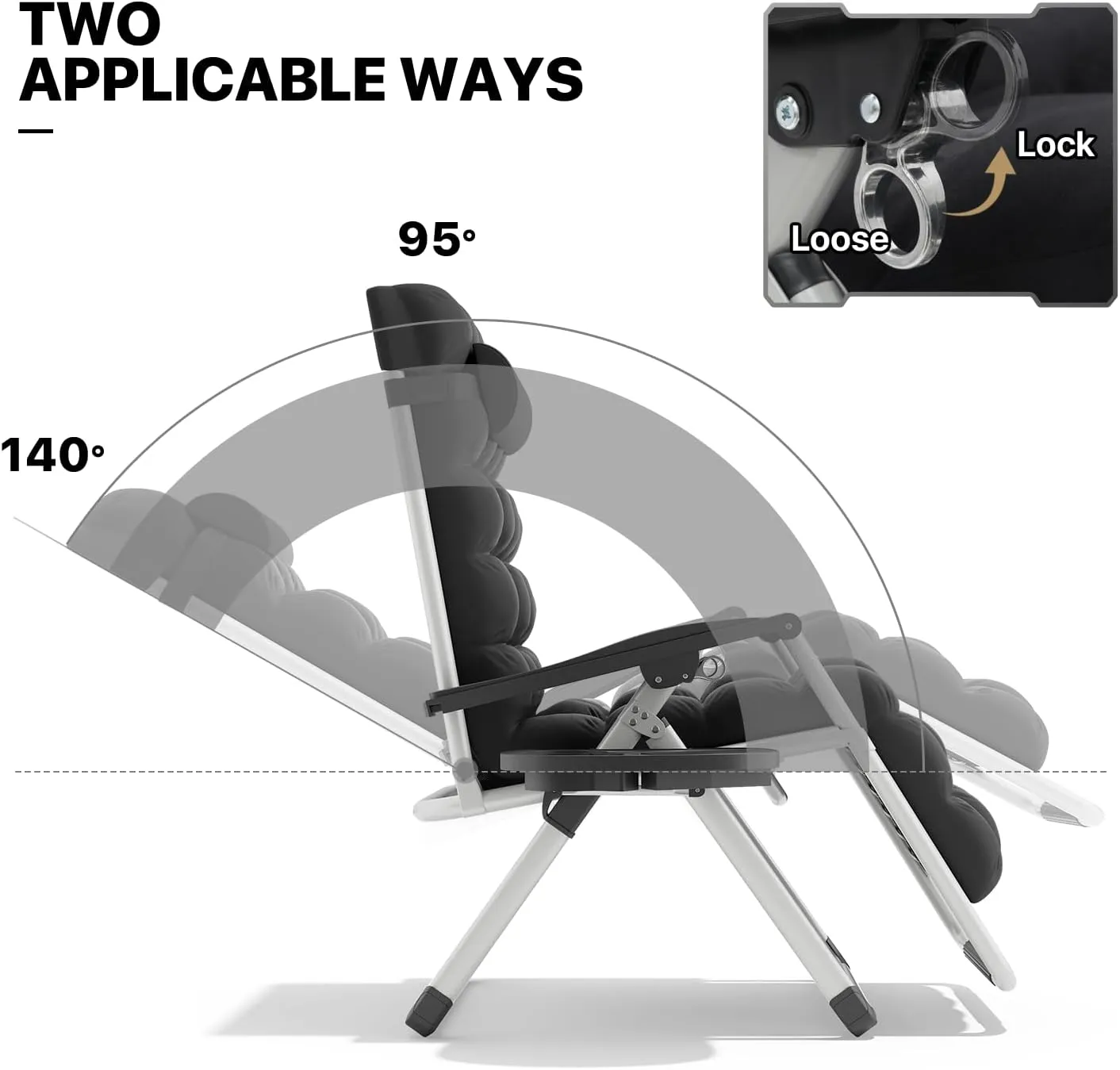 MoNiBloom Reinforced Zero Gravity Chair, Folding Pool Beach Lounger, Portable Tanning Chaise with Cushion, Headrest and Side Tray, 330lbs Capacity - Black