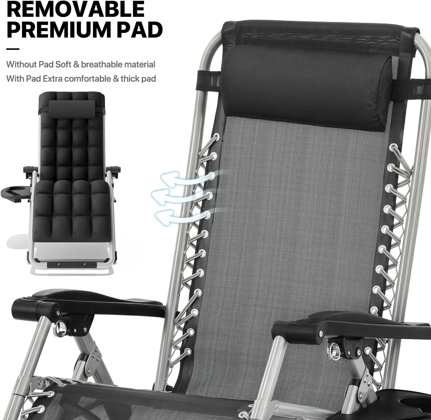 MoNiBloom Reinforced Zero Gravity Chair, Folding Pool Beach Lounger, Portable Tanning Chaise with Cushion, Headrest and Side Tray, 330lbs Capacity - Black
