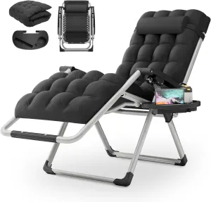 MoNiBloom Reinforced Zero Gravity Chair, Folding Pool Beach Lounger, Portable Tanning Chaise with Cushion, Headrest and Side Tray, 330lbs Capacity - Black