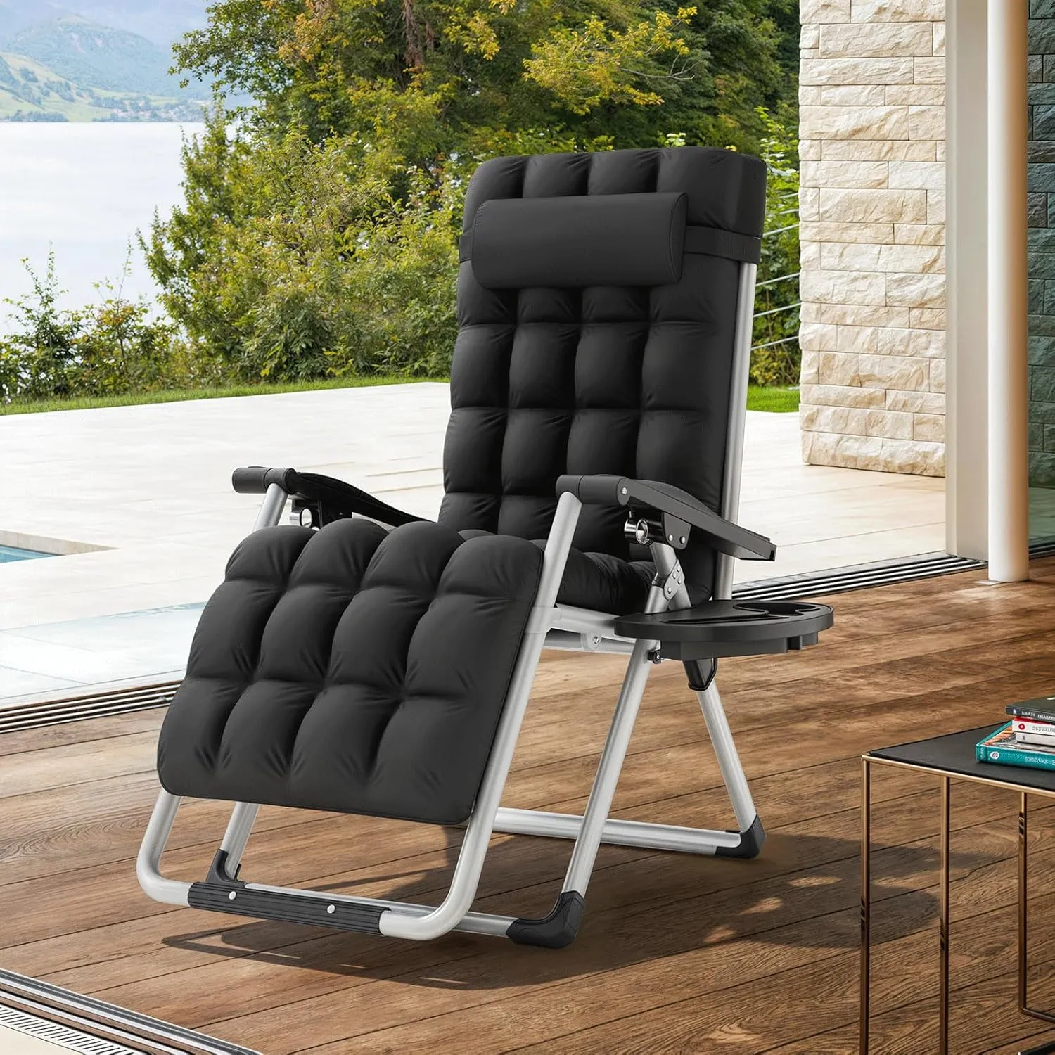 MoNiBloom Reinforced Zero Gravity Chair, Folding Pool Beach Lounger, Portable Tanning Chaise with Cushion, Headrest and Side Tray, 330lbs Capacity - Black