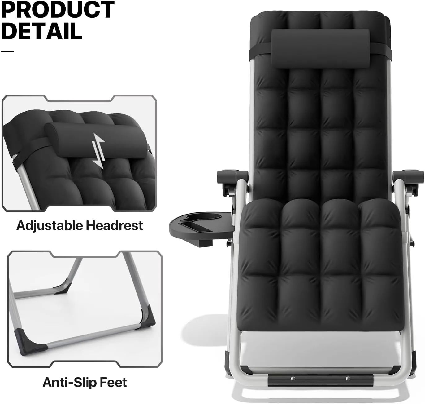 MoNiBloom Reinforced Zero Gravity Chair, Folding Pool Beach Lounger, Portable Tanning Chaise with Cushion, Headrest and Side Tray, 330lbs Capacity - Black