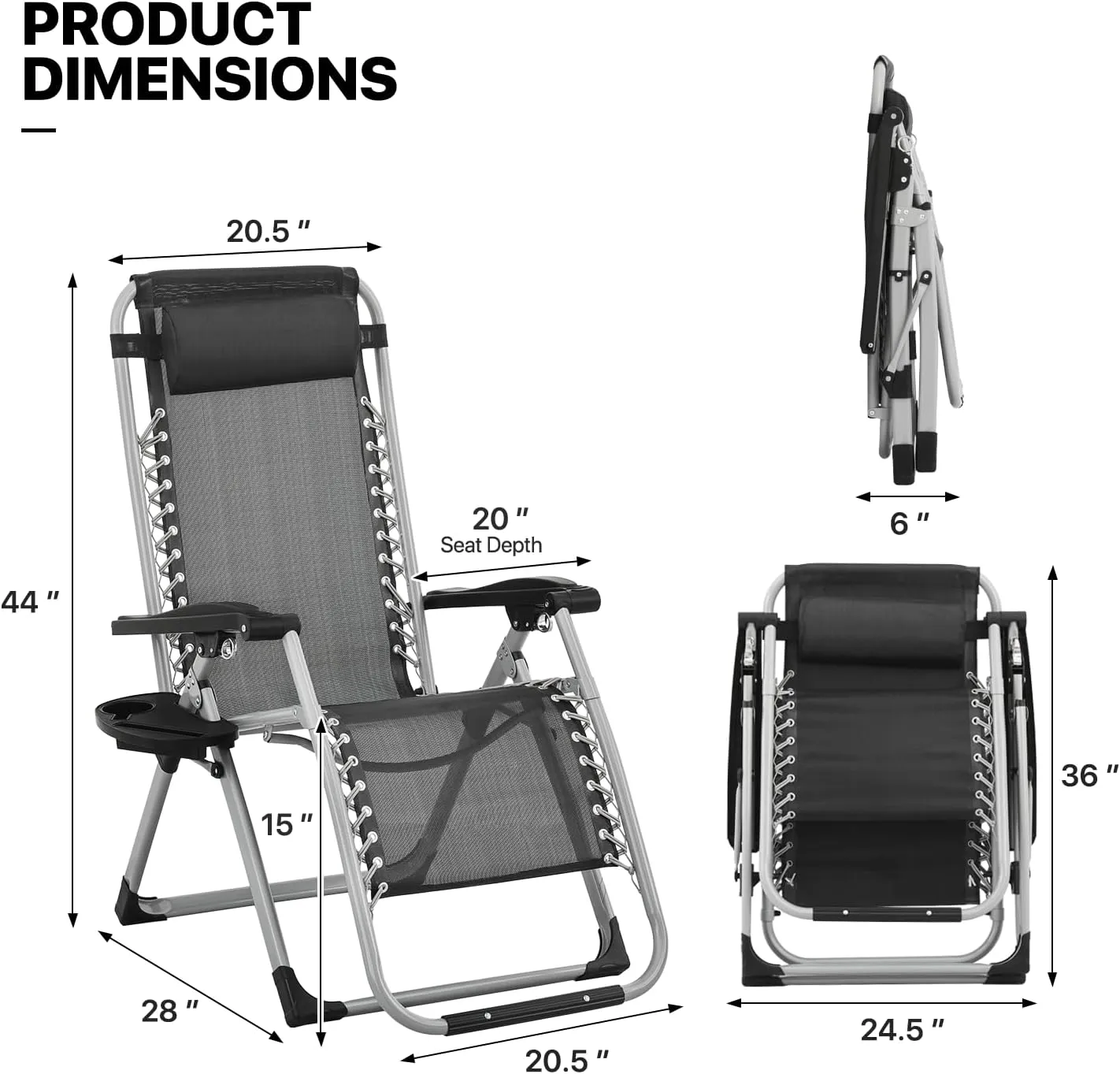 MoNiBloom Reinforced Zero Gravity Chair, Folding Pool Beach Lounger, Portable Tanning Chaise with Cushion, Headrest and Side Tray, 330lbs Capacity - Black