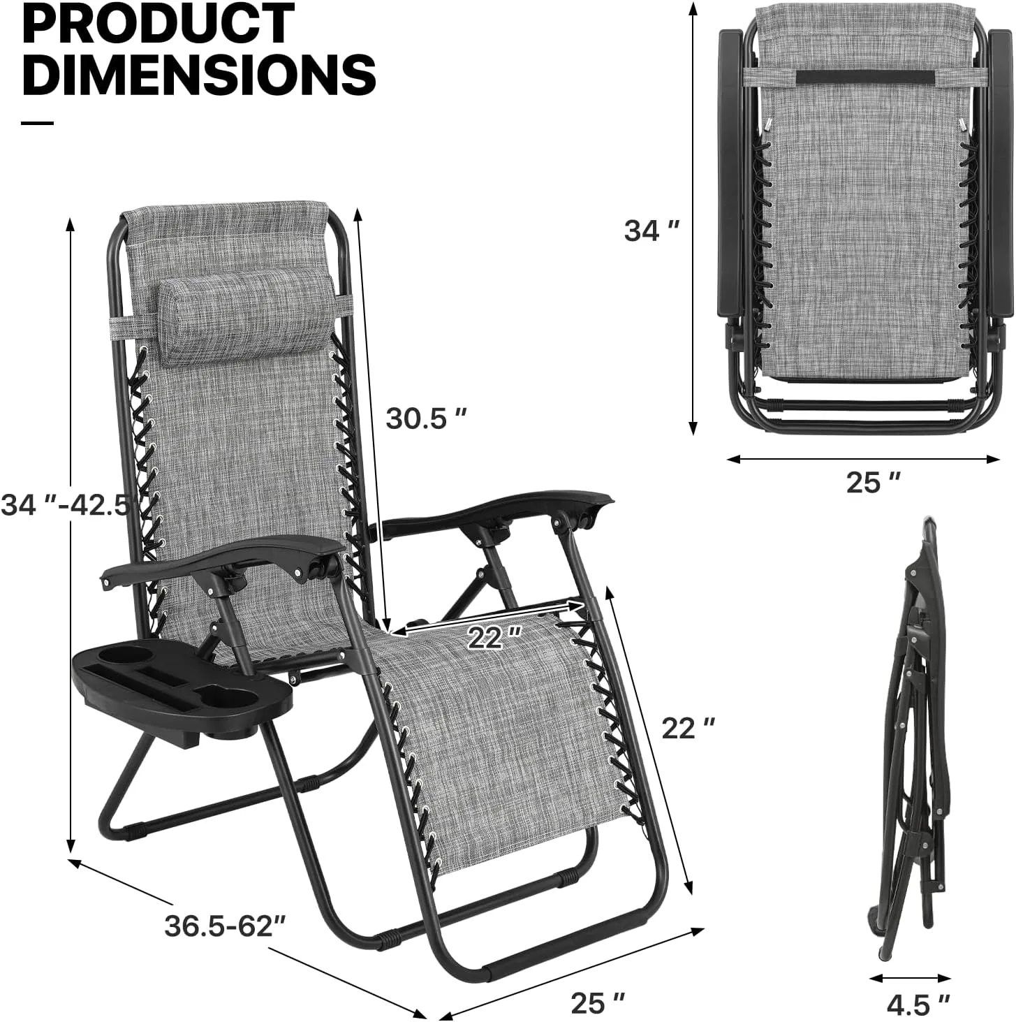 MoNiBloom Zero Gravity Chairs Set of 2 Outdoor Folding Patio Lounge Chairs for Outside Reclining Lawn Chairs Recliner Beach Chairs for Adults, Dark Grey