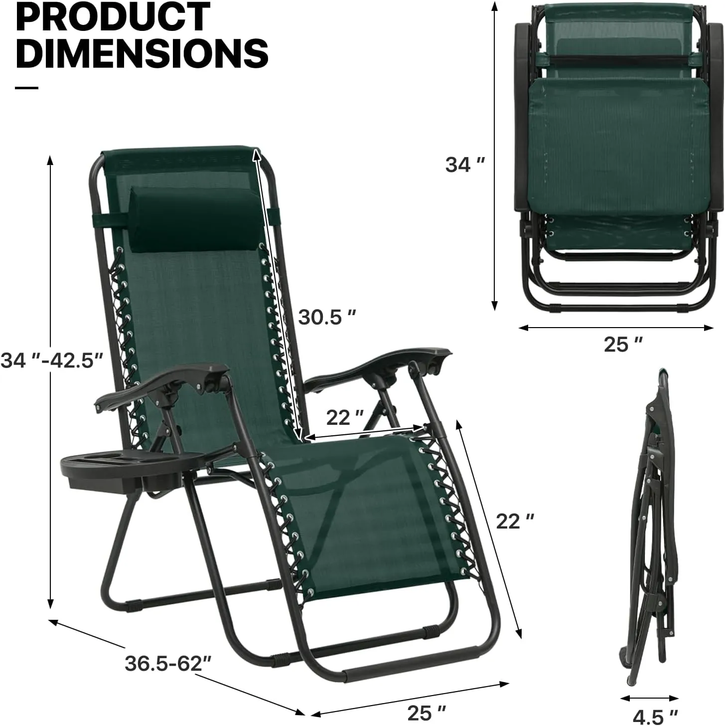 MoNiBloom Zero Gravity Chairs Set of 2 Outdoor Folding Patio Lounge Chairs for Outside Reclining Lawn Recliner Beach Chairs for Adults, Forest Green