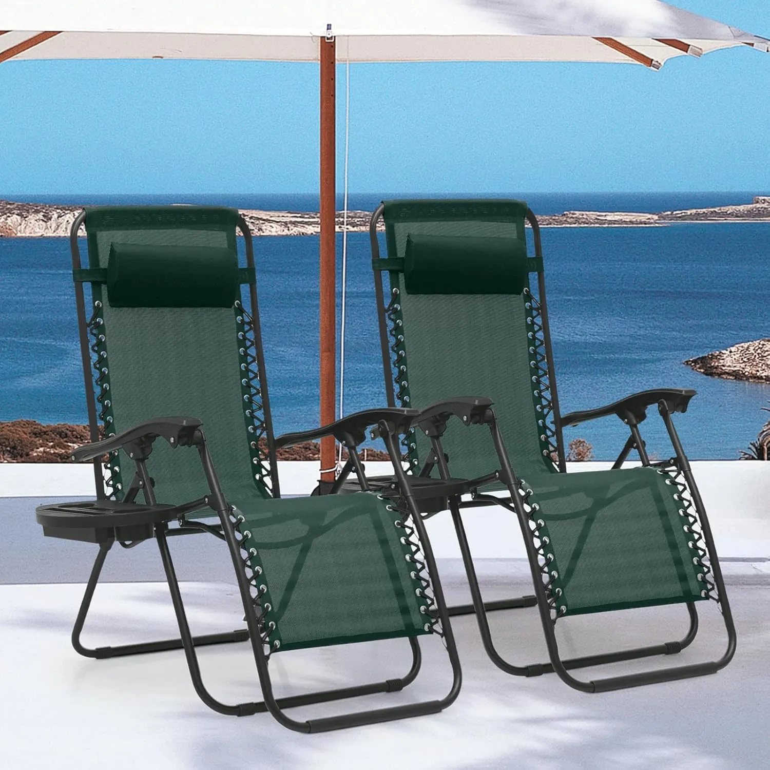 MoNiBloom Zero Gravity Chairs Set of 2 Outdoor Folding Patio Lounge Chairs for Outside Reclining Lawn Recliner Beach Chairs for Adults, Forest Green