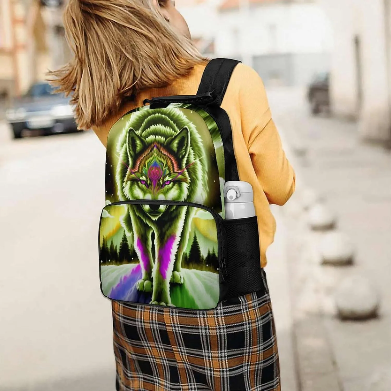 Mountain And Northern Light Wolves Psychedelic Art Shoulder Book Bags Polyester Multipurpose Anti-Theft Carry On Bag Large Capacity Travel Hiking & Camping Rucksack