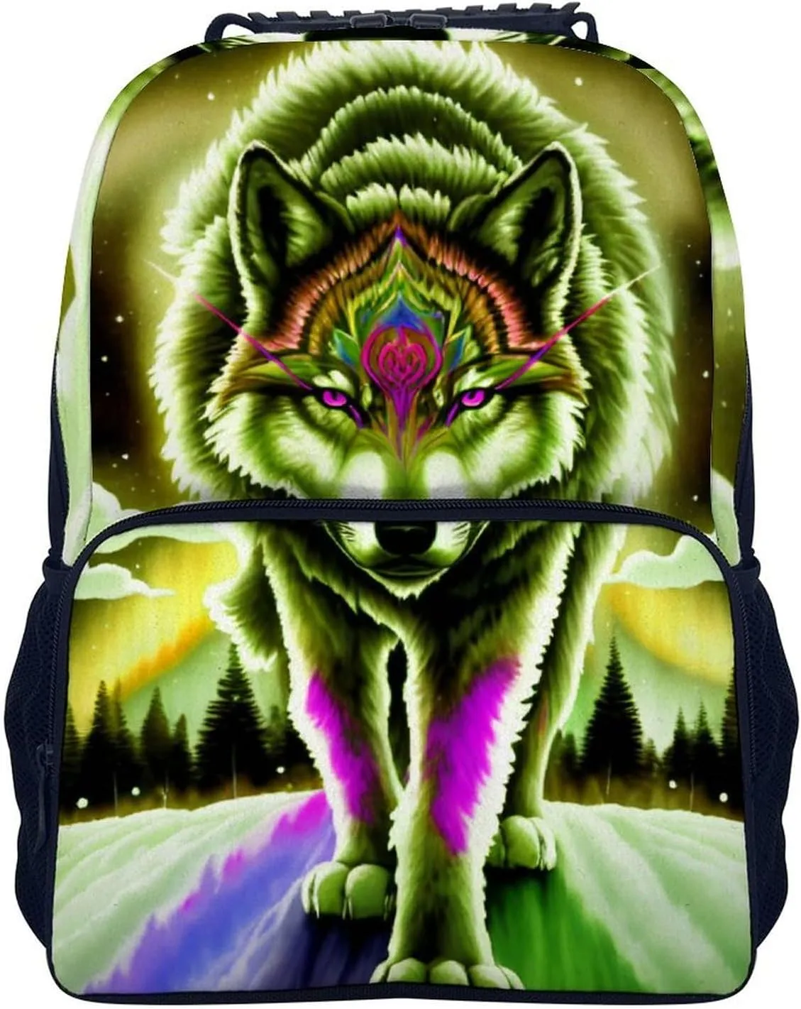 Mountain And Northern Light Wolves Psychedelic Art Shoulder Book Bags Polyester Multipurpose Anti-Theft Carry On Bag Large Capacity Travel Hiking & Camping Rucksack