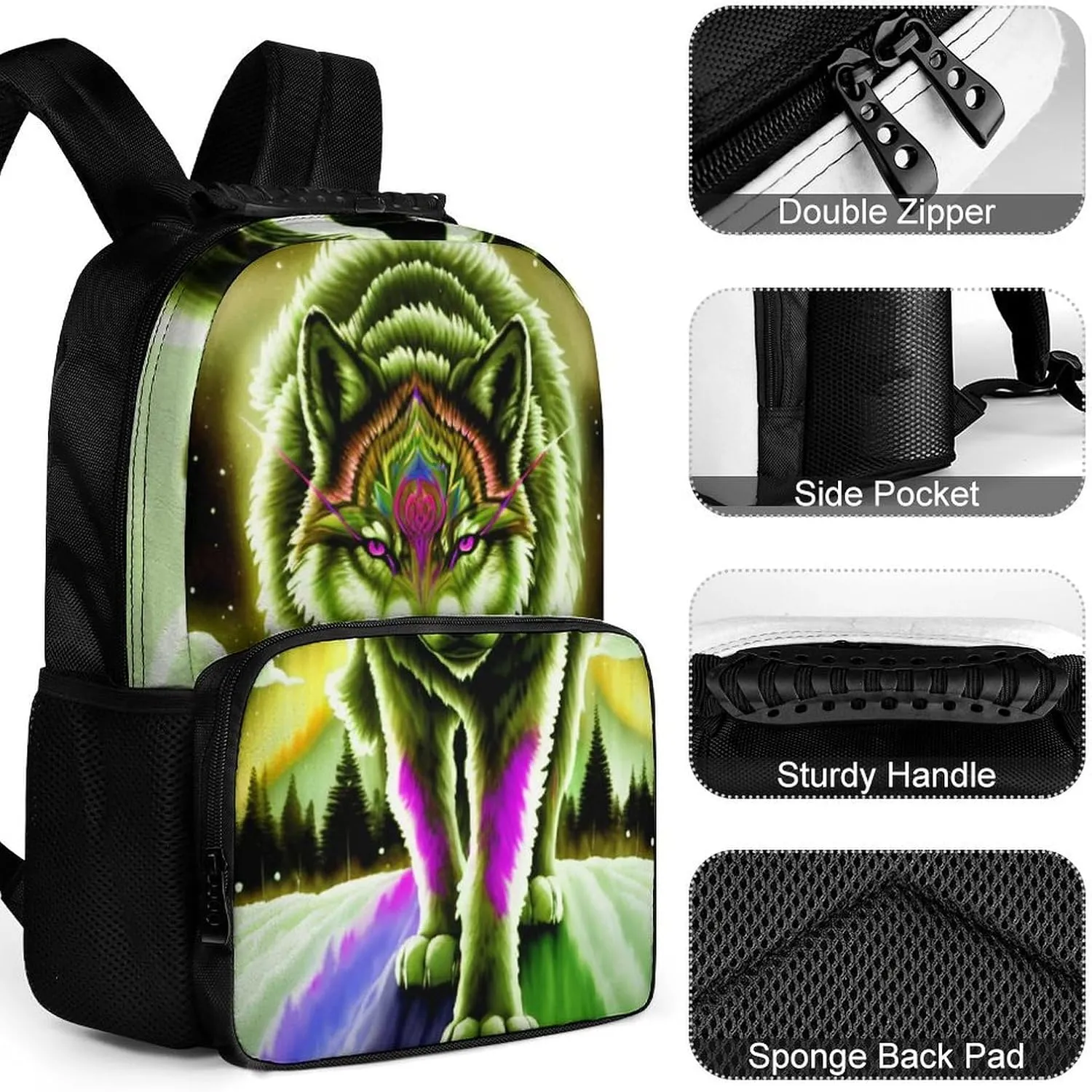 Mountain And Northern Light Wolves Psychedelic Art Shoulder Book Bags Polyester Multipurpose Anti-Theft Carry On Bag Large Capacity Travel Hiking & Camping Rucksack