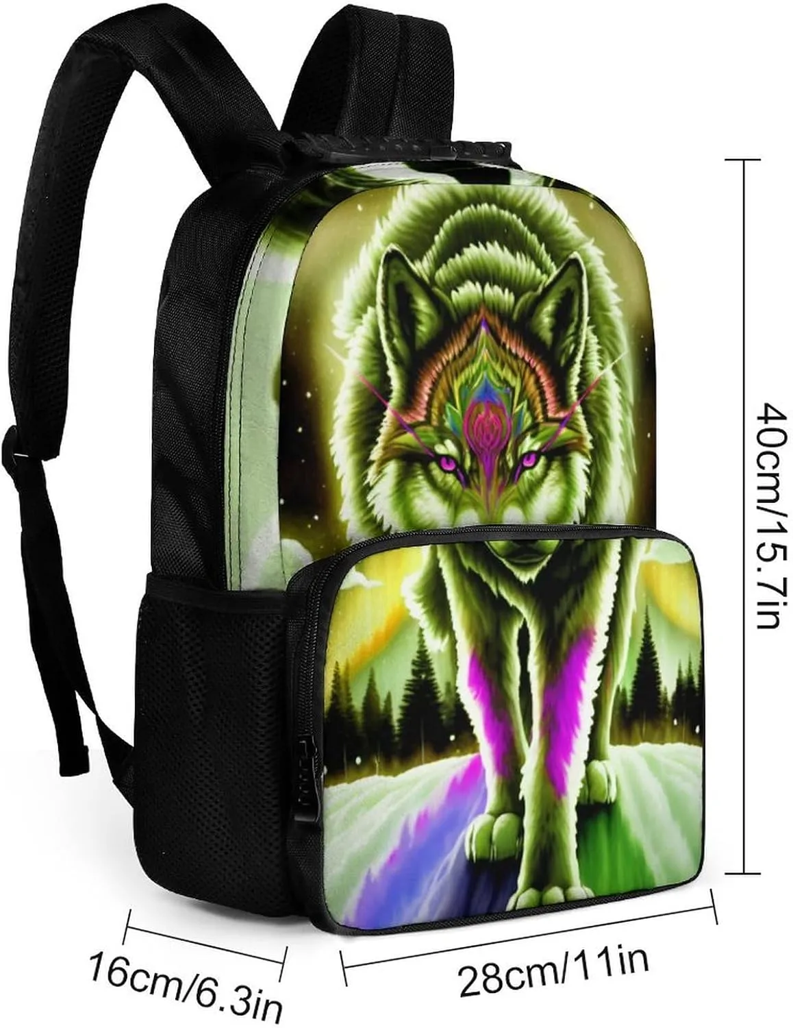 Mountain And Northern Light Wolves Psychedelic Art Shoulder Book Bags Polyester Multipurpose Anti-Theft Carry On Bag Large Capacity Travel Hiking & Camping Rucksack