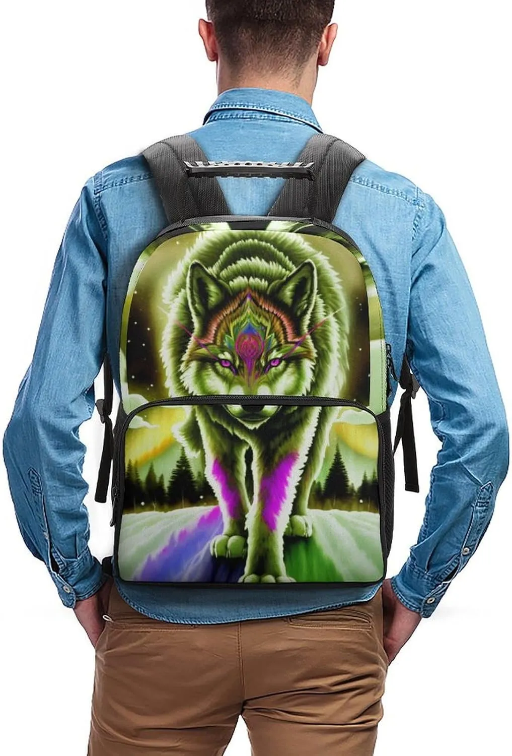 Mountain And Northern Light Wolves Psychedelic Art Shoulder Book Bags Polyester Multipurpose Anti-Theft Carry On Bag Large Capacity Travel Hiking & Camping Rucksack
