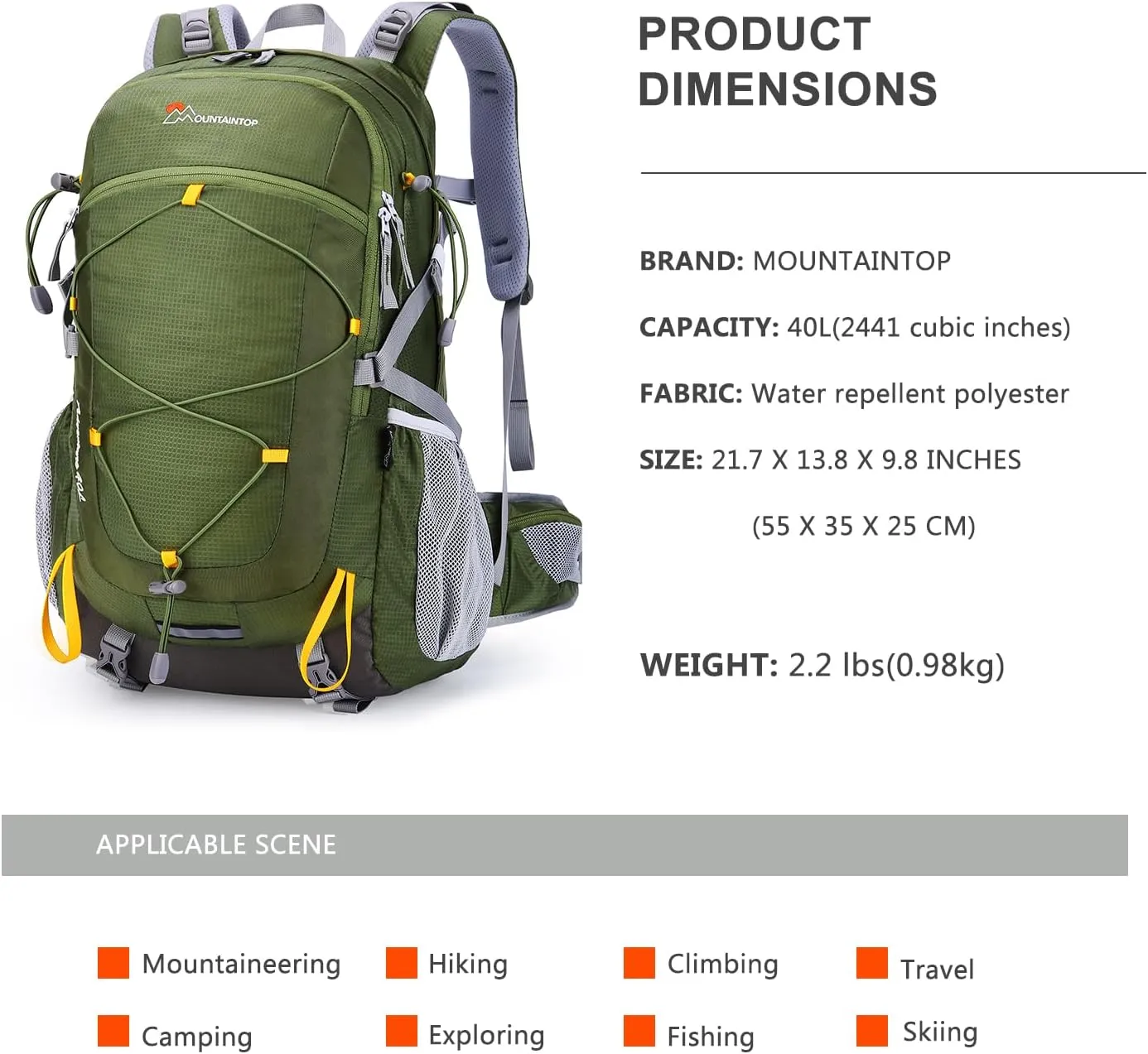 MOUNTAINTOP 40L Hiking Backpack,Lightweight Travel Backpack for Men Women Outdoor Backpacking, Camping