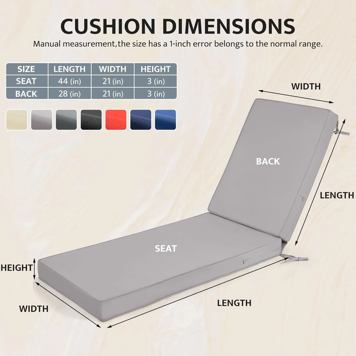 mudilun Lounge Chair Cushion Water Proof Outdoor Lounge Chair Cushions with Ties Non-Slip Chaise Lounge Cushion Removable Patio Seat Cushions for Garden Pool Beach Lounge (Grizzly)