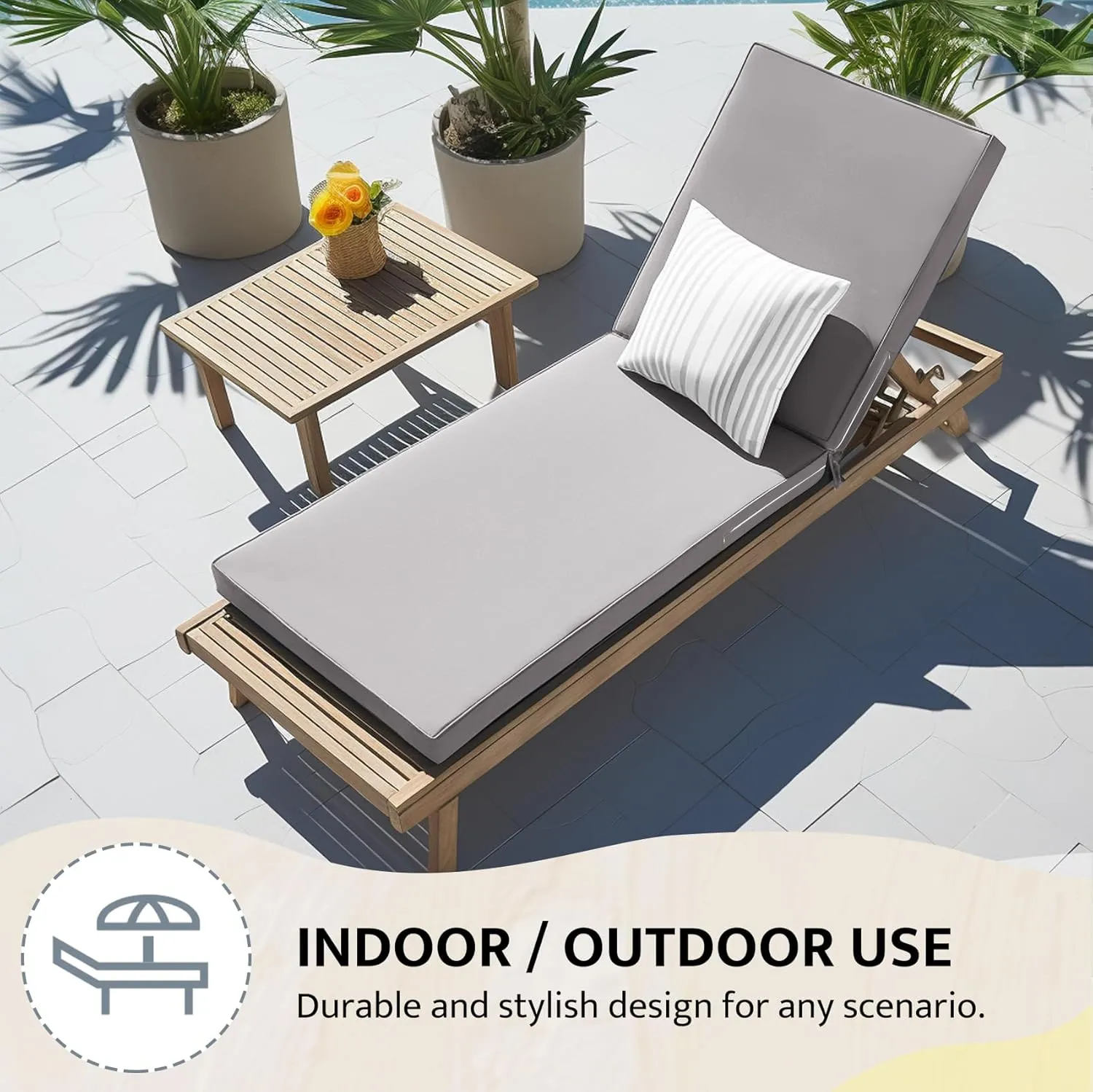 mudilun Lounge Chair Cushion Water Proof Outdoor Lounge Chair Cushions with Ties Non-Slip Chaise Lounge Cushion Removable Patio Seat Cushions for Garden Pool Beach Lounge (Grizzly)