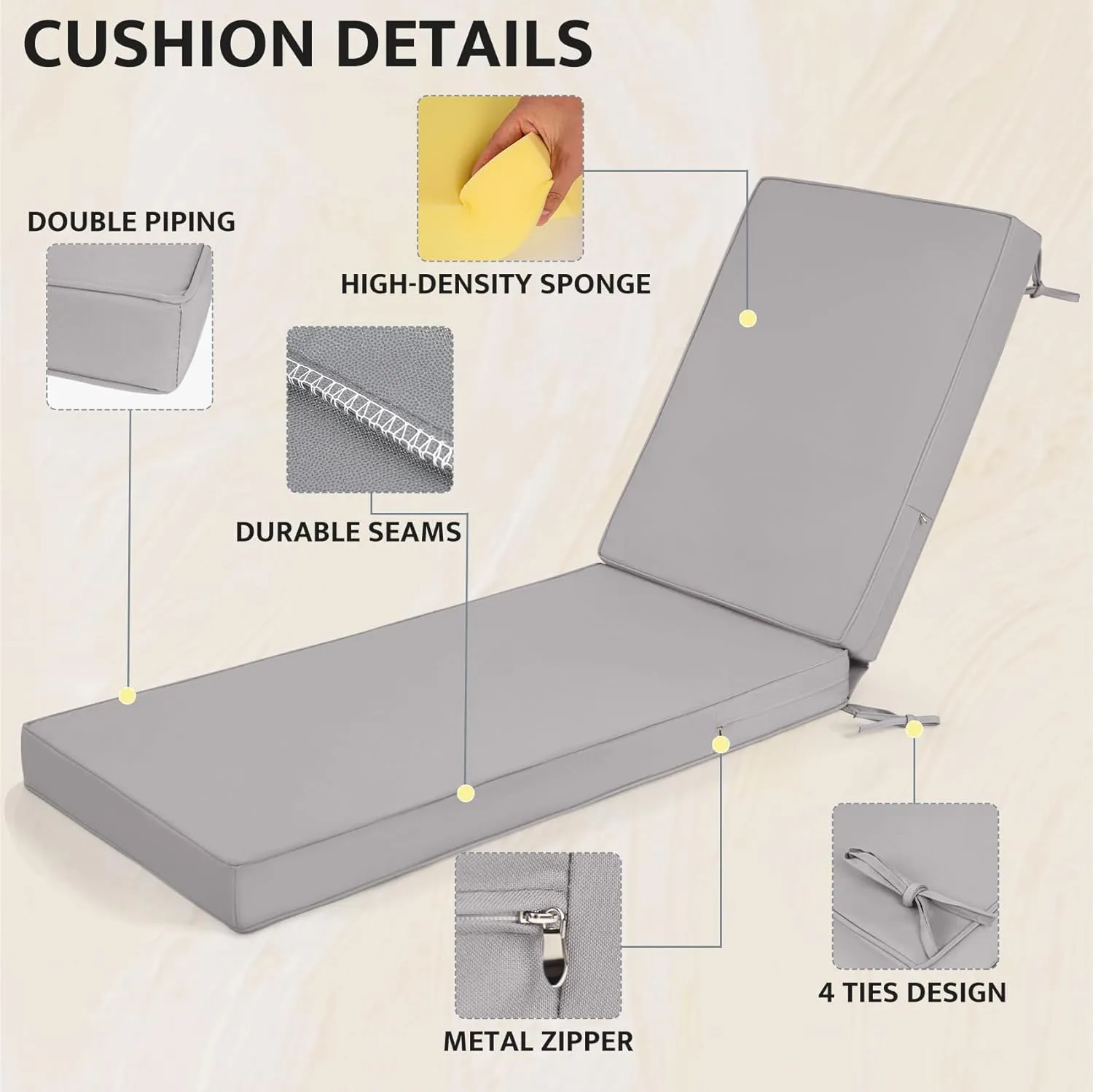 mudilun Lounge Chair Cushion Water Proof Outdoor Lounge Chair Cushions with Ties Non-Slip Chaise Lounge Cushion Removable Patio Seat Cushions for Garden Pool Beach Lounge (Grizzly)