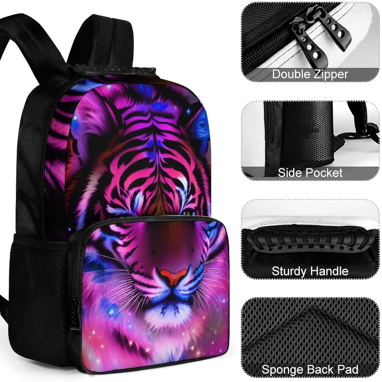 Mystic Fantasy Galaxy Sky Fantasy Tiger Wild Animals Boho Style Rucksack Polyester Anti-Theft Multipurpose Bookbag Big Capacity Travel and Sport Backpack Rucksack With Side Pockets