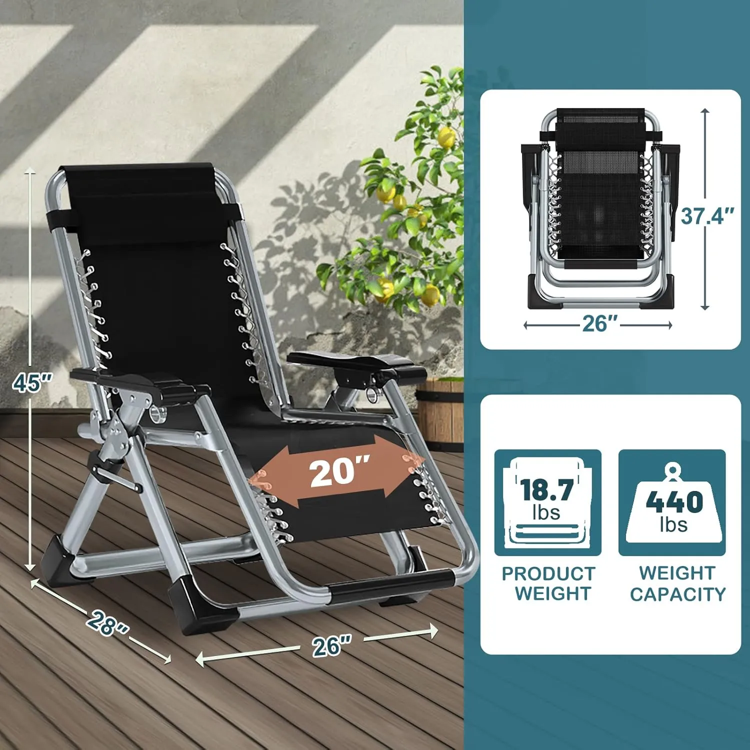 NAIZEA Lounge Chair Patio Zero Gravity Chair Folding Adjustable Reclining Patio Chairs with Cup Holder, Ergonomic Patio Recliner Chairs for Kids and Adult for Indoor and Outdoor