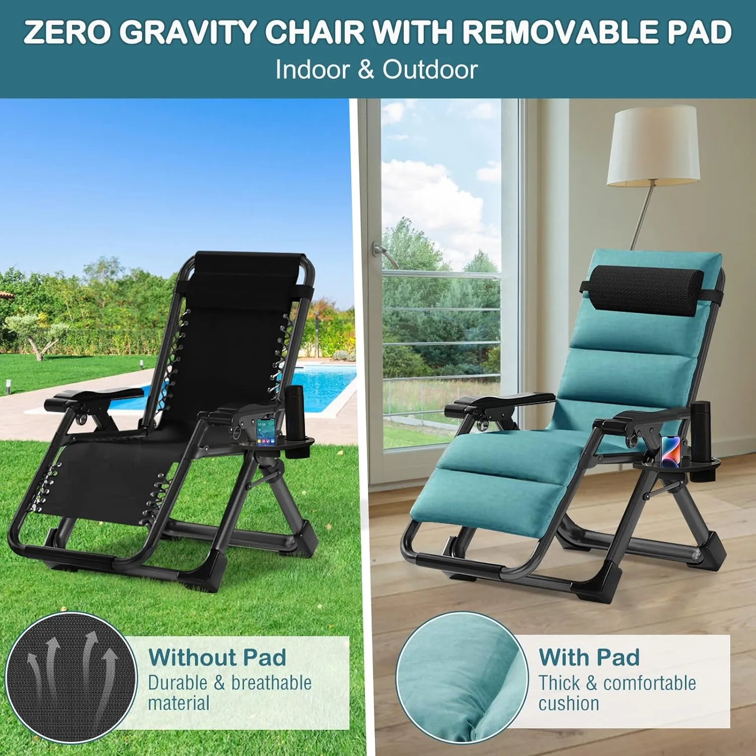 NAIZEA Lounge Chair Patio Zero Gravity Chair Folding Adjustable Reclining Patio Chairs with Cup Holder, Ergonomic Patio Recliner Chairs for Kids and Adult for Indoor and Outdoor