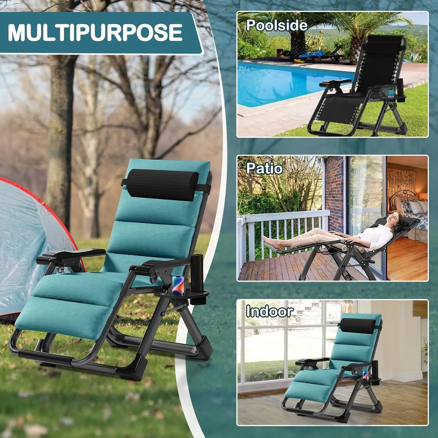NAIZEA Lounge Chair Patio Zero Gravity Chair Folding Adjustable Reclining Patio Chairs with Cup Holder, Ergonomic Patio Recliner Chairs for Kids and Adult for Indoor and Outdoor