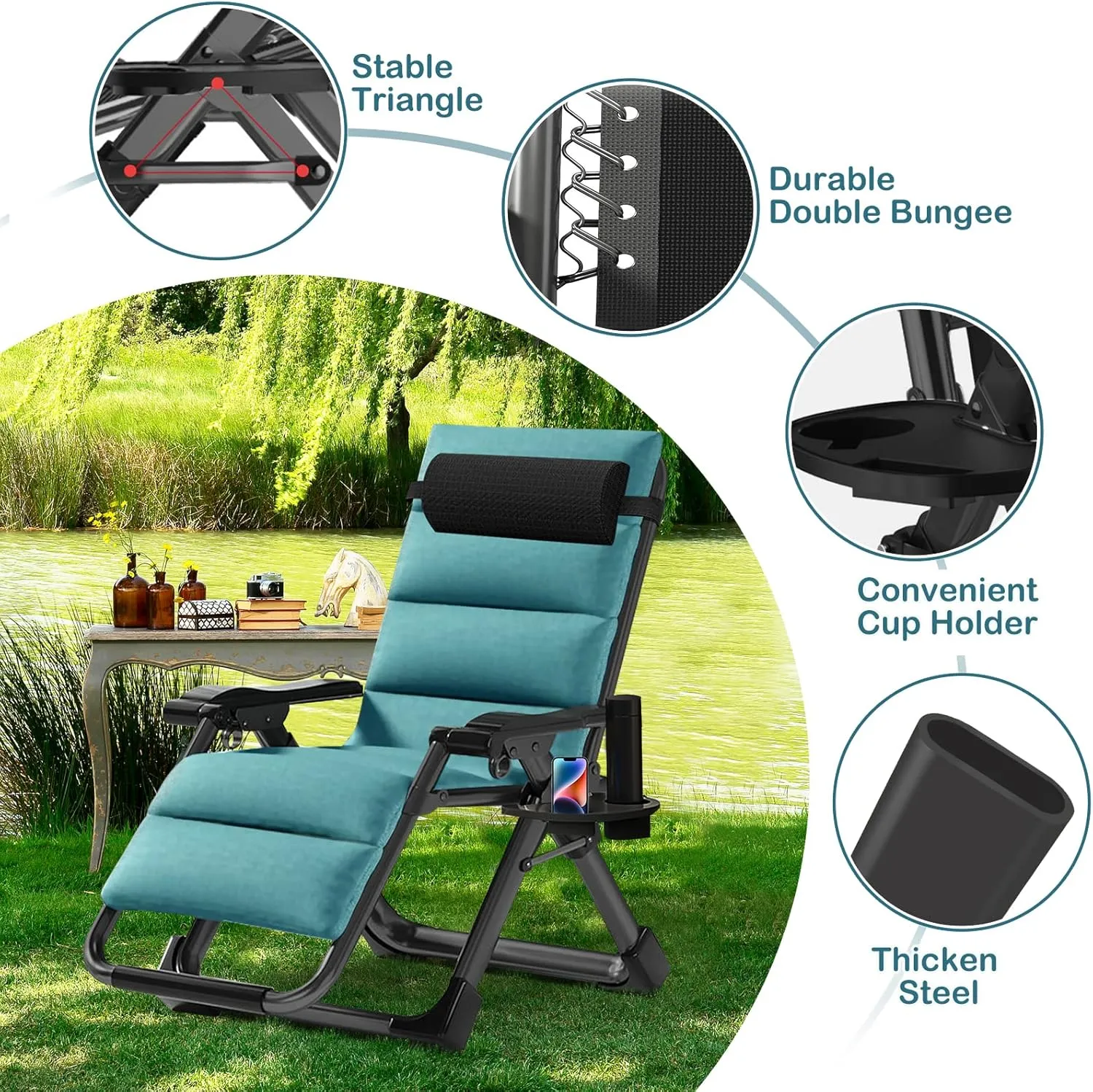 NAIZEA Lounge Chair Patio Zero Gravity Chair Folding Adjustable Reclining Patio Chairs with Cup Holder, Ergonomic Patio Recliner Chairs for Kids and Adult for Indoor and Outdoor