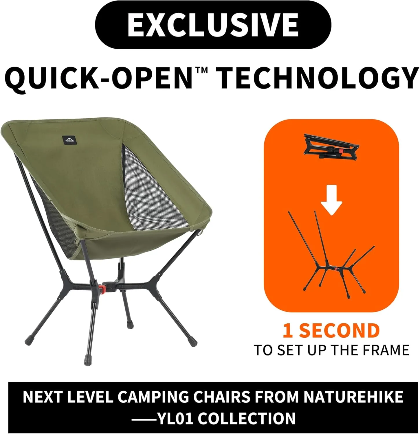 Naturehike YL01 Snap Camping Chair, Portable Backpacking Chair with Storage Bag, Lightweight & Compact Folding Camp Chair
