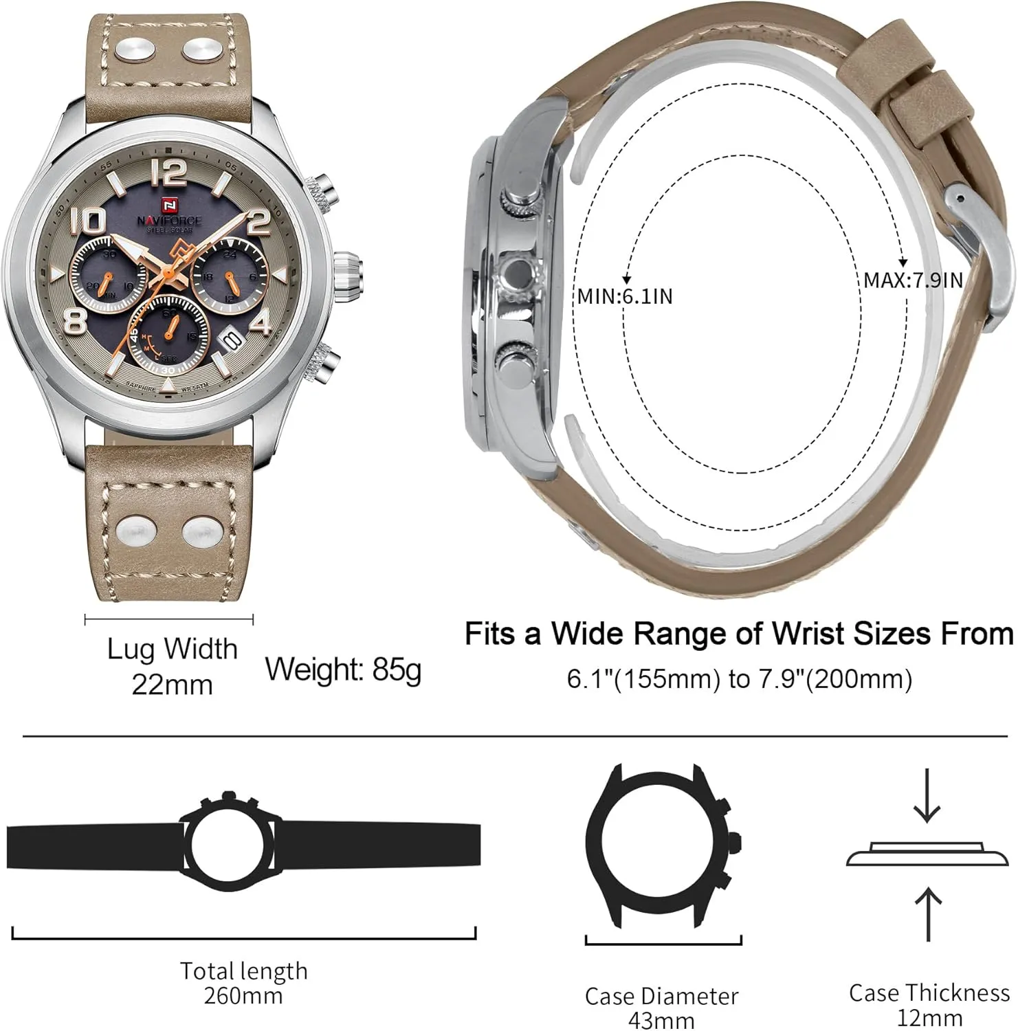 NAVIFORCE Mens Solar Powered Sports Chronograph Watch Military Tactical 12/24 Hour Time Luminous Hands Leather Strap Wristwatch 5ATM Waterproof