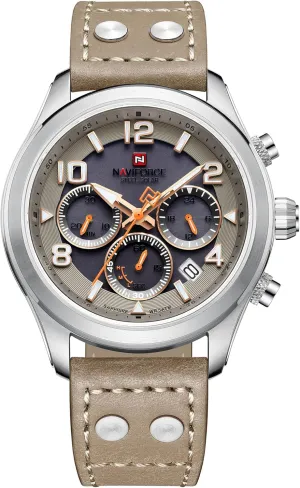 NAVIFORCE Mens Solar Powered Sports Chronograph Watch Military Tactical 12/24 Hour Time Luminous Hands Leather Strap Wristwatch 5ATM Waterproof