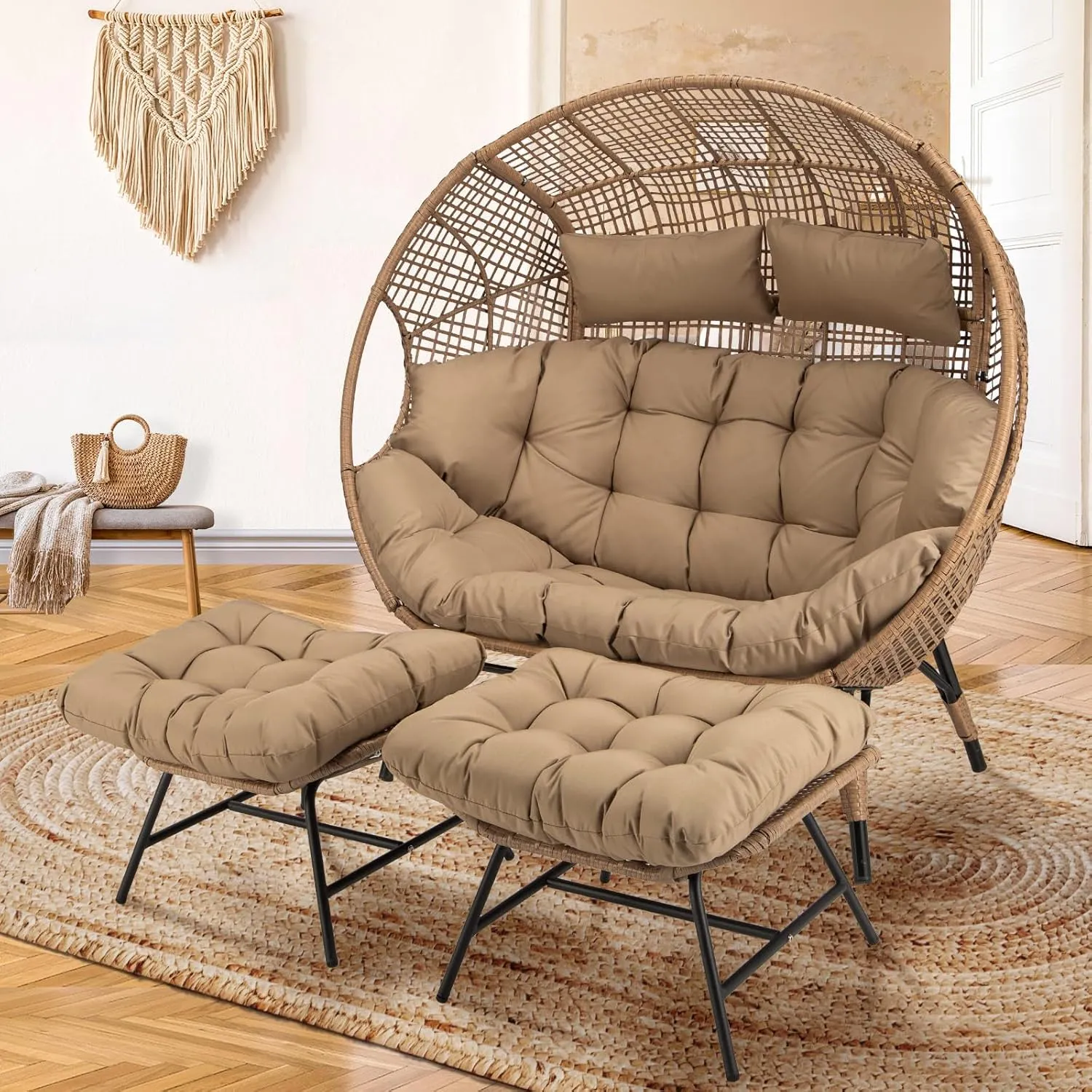 NICESOUL Indoor Outdoor Double Egg Chair with Footstools & Cushions, Oversized Wicker Egg Shaped Chair with Footrest, Stationary 2 Seater Comfy Loveseat for Patio Backyard Garden Sunroom Xmas Gift