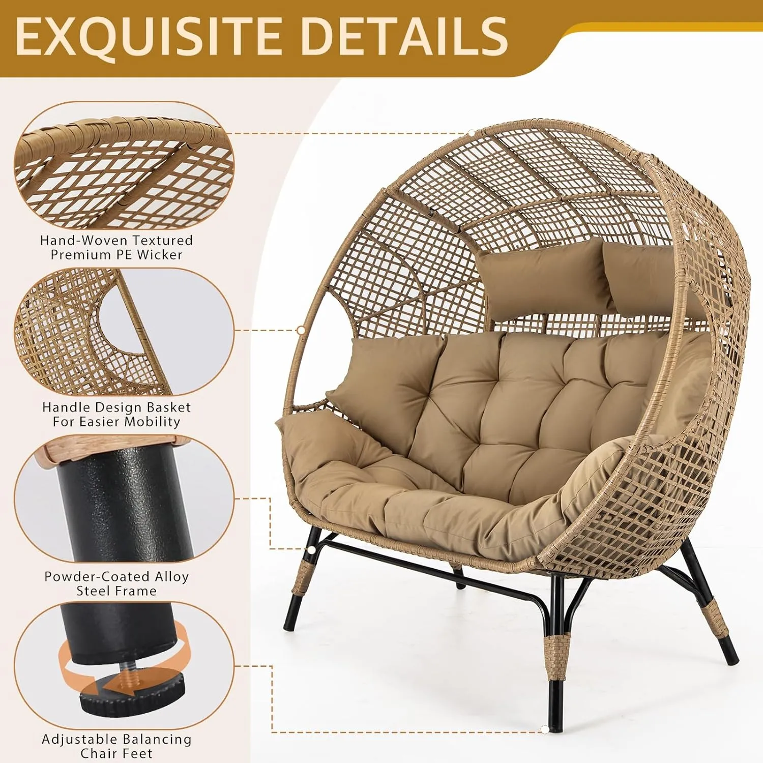 NICESOUL Indoor Outdoor Double Egg Chair with Footstools & Cushions, Oversized Wicker Egg Shaped Chair with Footrest, Stationary 2 Seater Comfy Loveseat for Patio Backyard Garden Sunroom Xmas Gift