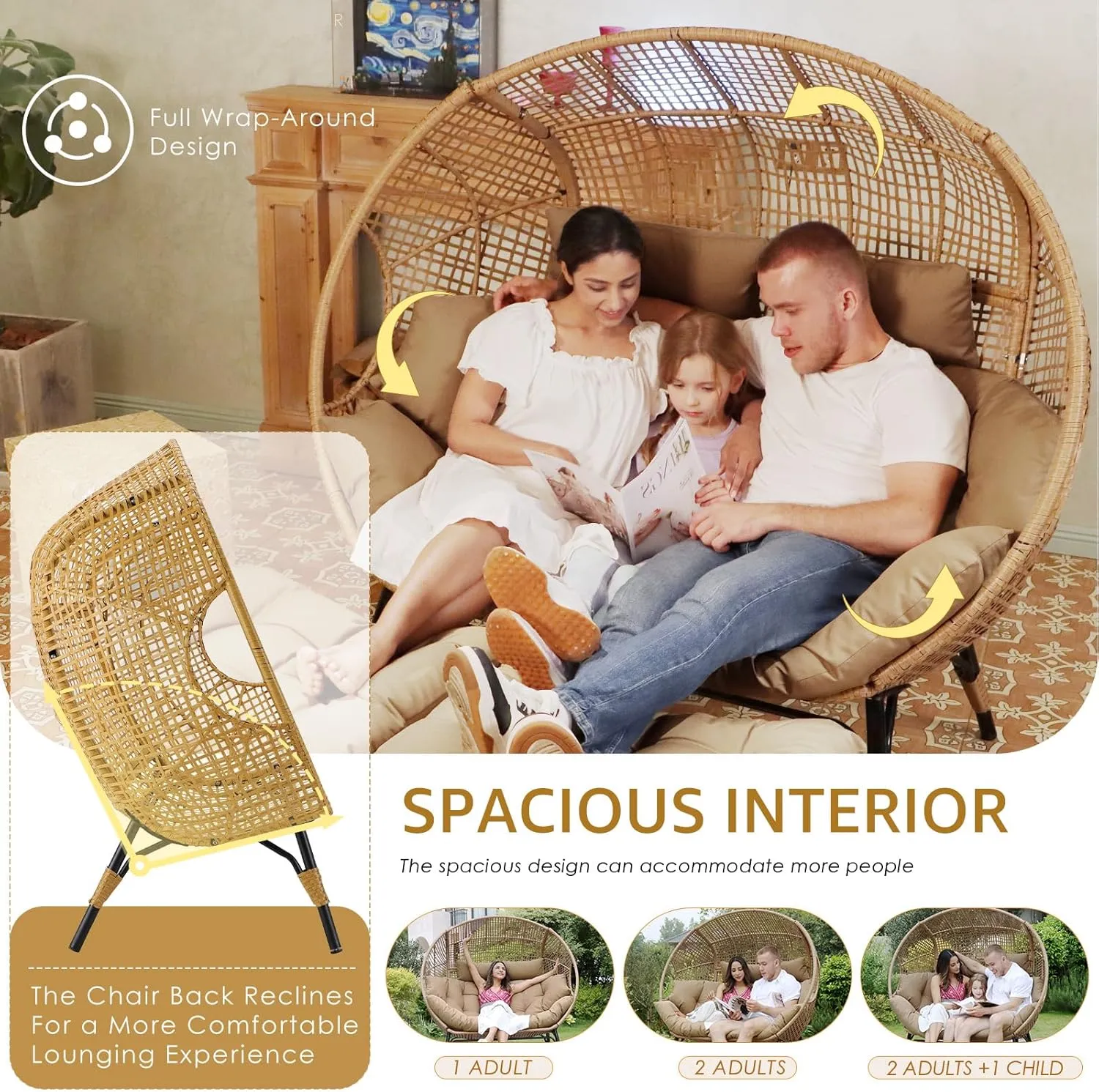 NICESOUL Indoor Outdoor Double Egg Chair with Footstools & Cushions, Oversized Wicker Egg Shaped Chair with Footrest, Stationary 2 Seater Comfy Loveseat for Patio Backyard Garden Sunroom Xmas Gift