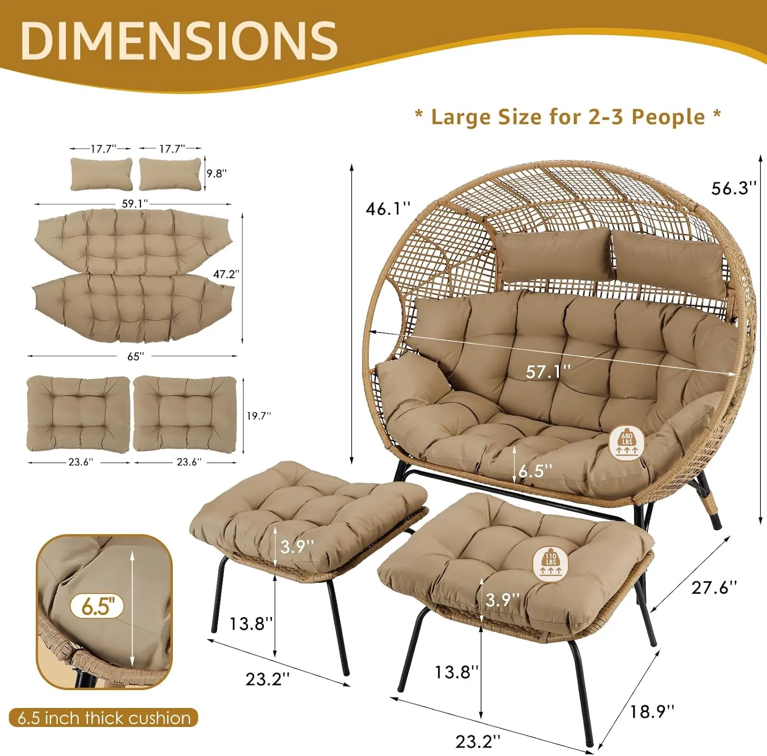 NICESOUL Indoor Outdoor Double Egg Chair with Footstools & Cushions, Oversized Wicker Egg Shaped Chair with Footrest, Stationary 2 Seater Comfy Loveseat for Patio Backyard Garden Sunroom Xmas Gift