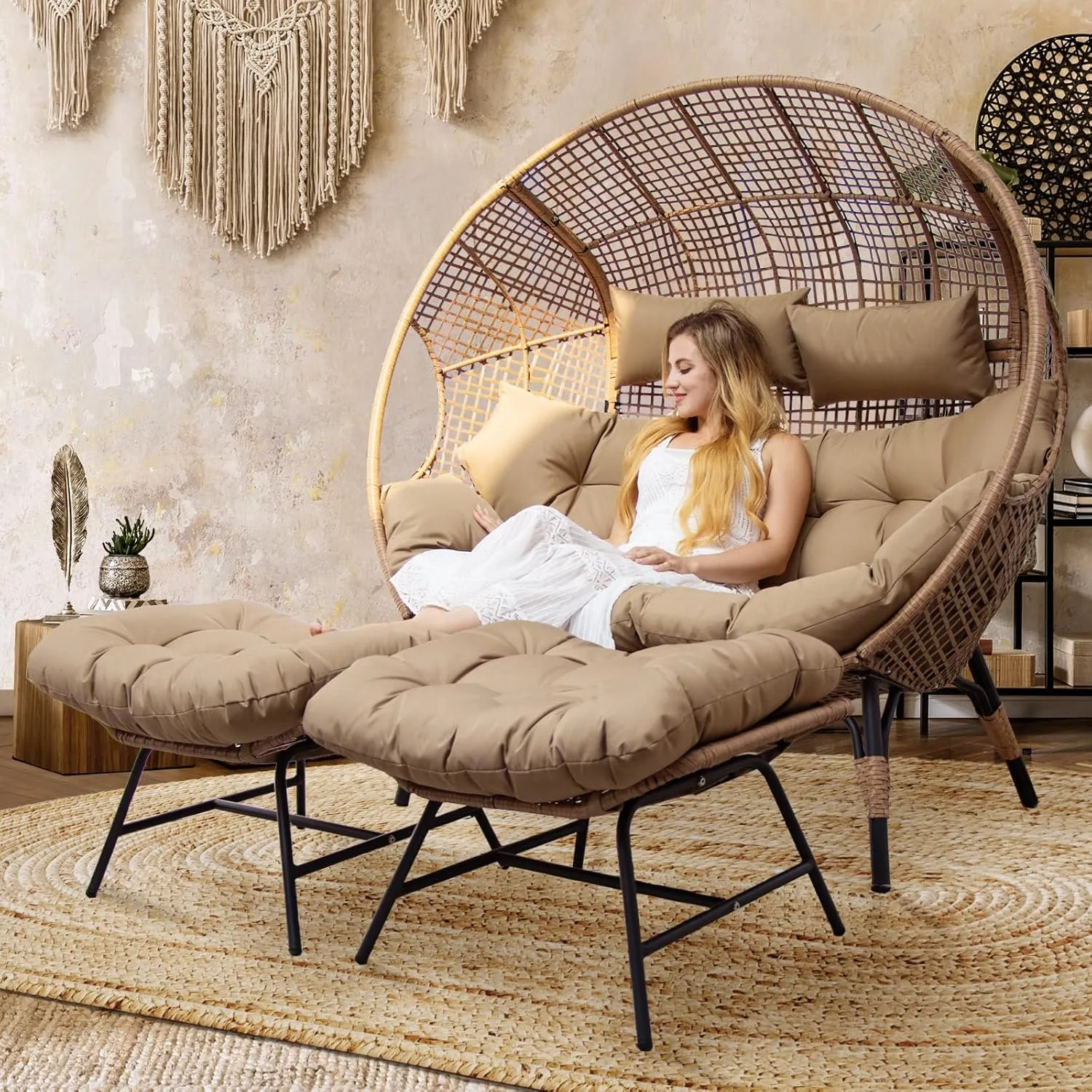NICESOUL Indoor Outdoor Double Egg Chair with Footstools & Cushions, Oversized Wicker Egg Shaped Chair with Footrest, Stationary 2 Seater Comfy Loveseat for Patio Backyard Garden Sunroom Xmas Gift