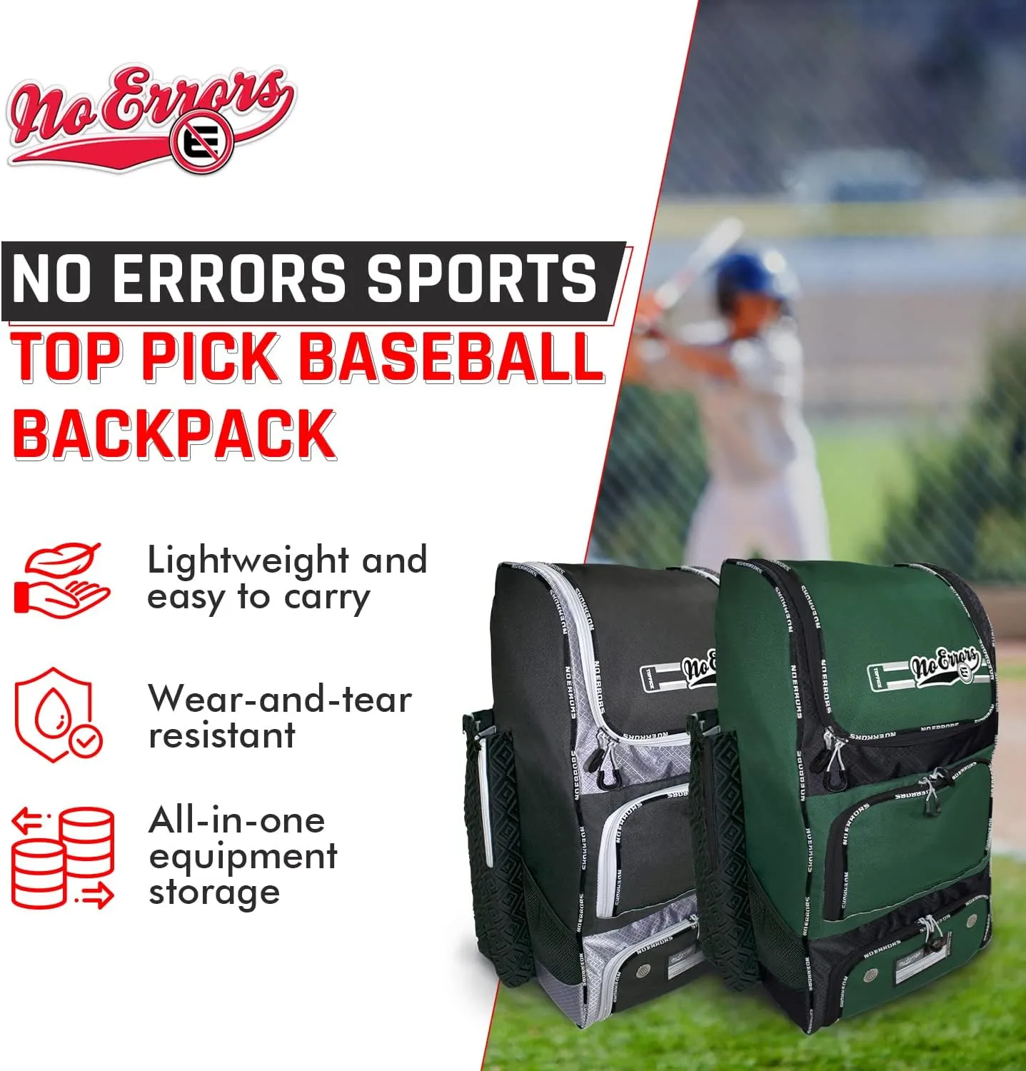 No Errors Top Pick Baseball Backpack for Kids - Heavy Duty Youth Baseball and Softball Bag with Fence Hooks - Dual Glove and Bat Compartments