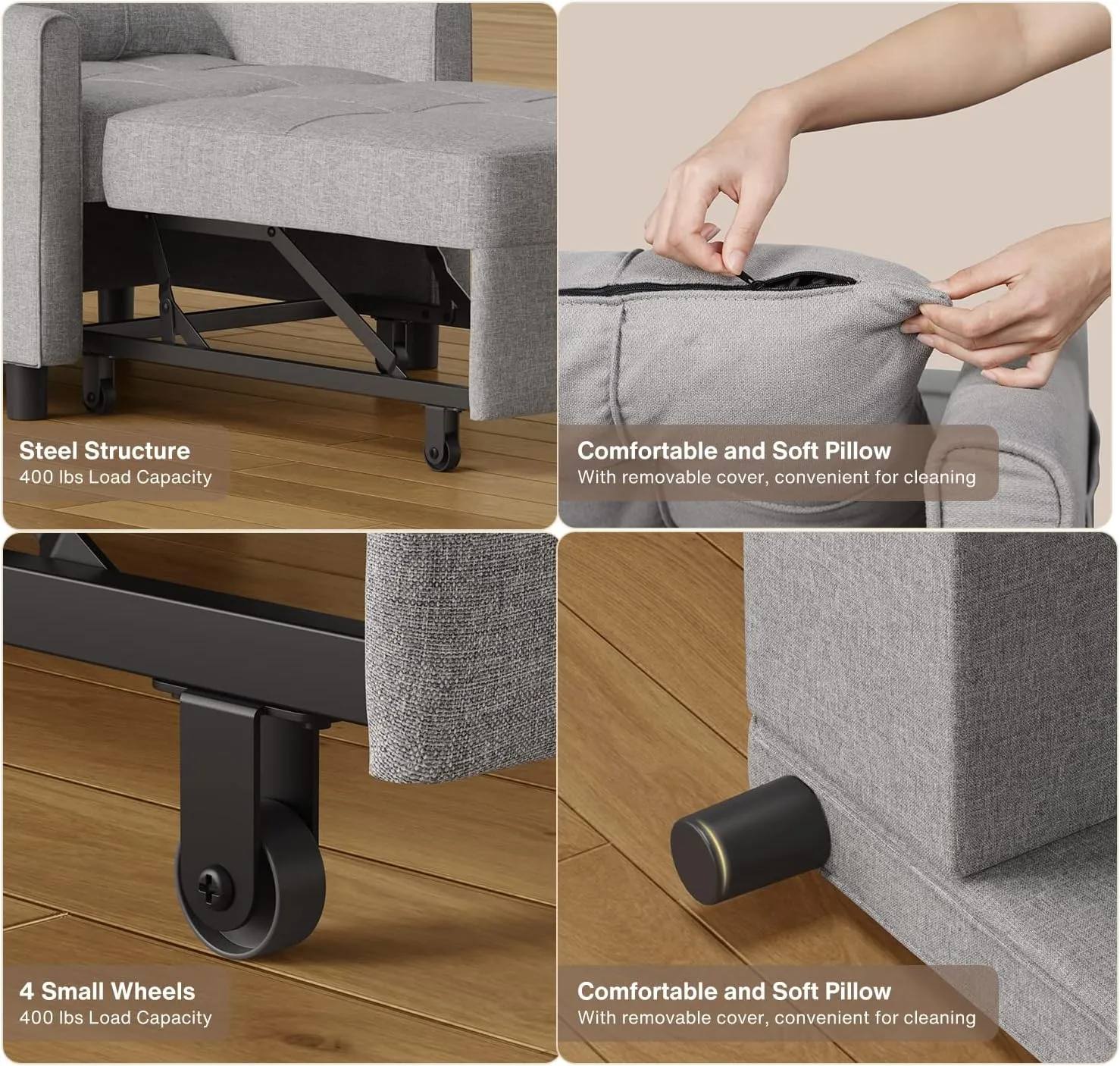 Noelse Sleeper Sofa Chair Bed, Convertible Sofa Chair 3-in-1, Adjustable Sleeper Chair Pullout Sofa Bed with Modern Linen Fabric for Living Room Apartment Small Space, Grey