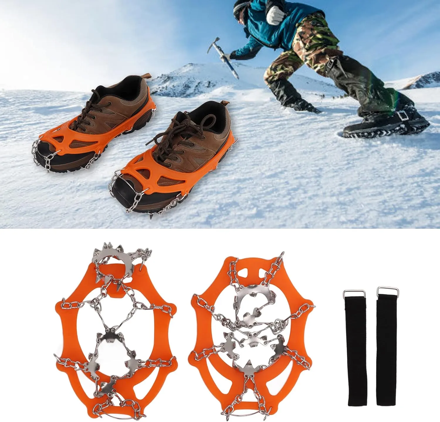 Non Slip Gripper Spikes for Shoes, 2Pcs Crampons 19 Teeth Stainless Steel Anti Slip Crampon Ice Traction Cleats for Hiking Boots, Ice Cleats for Hiking Walking Climbing Fishing