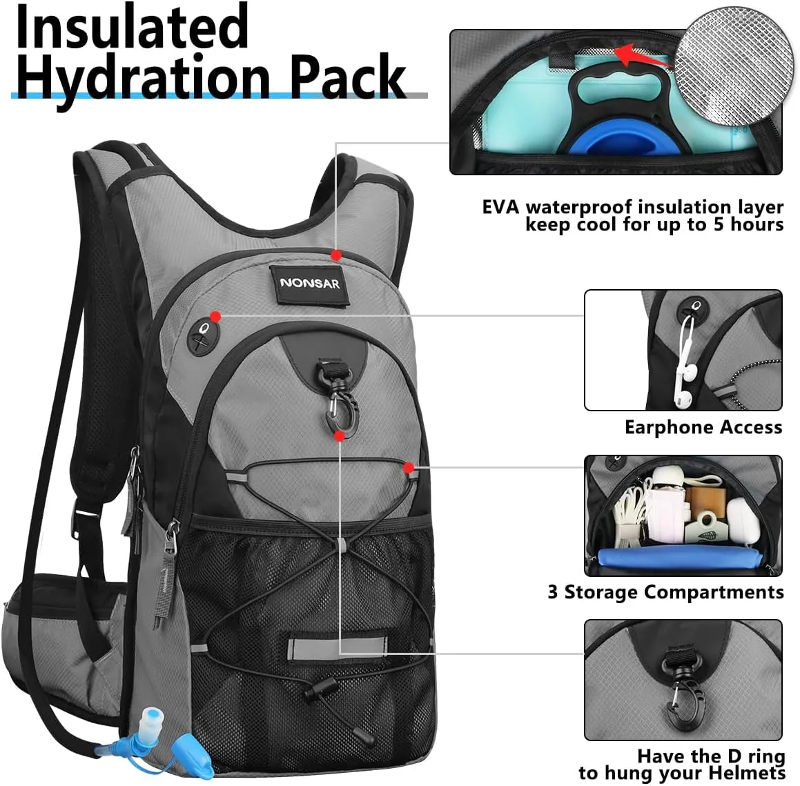 NONSAR Hydration Backpack, Hiking Backpack with 3L Water Bladder, Insulated Water Backpack for Women, Men, Kids, Keep Liquids Cool Up to 5 Hours, Daypack for Hiking, Running, Climbing, Cycling