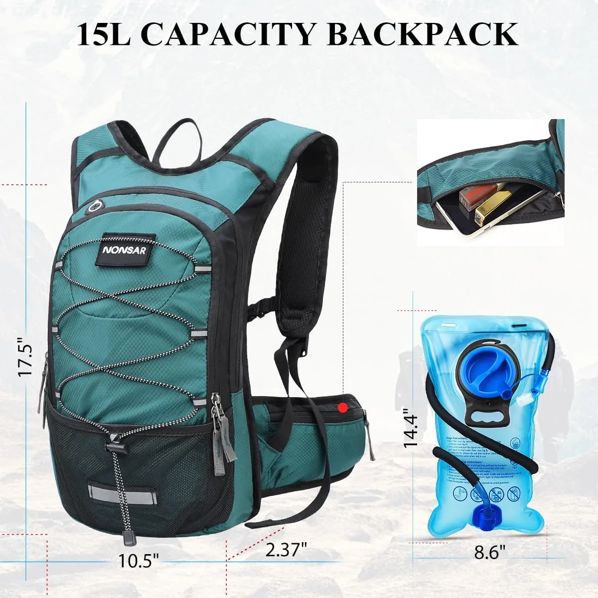 NONSAR Hydration Backpack, Hiking Backpack with 3L Water Bladder, Lightweight Insulation Hydration Pack, Water Backpack for Hiking, Cycling, Running, Festival, Camping for Men Women