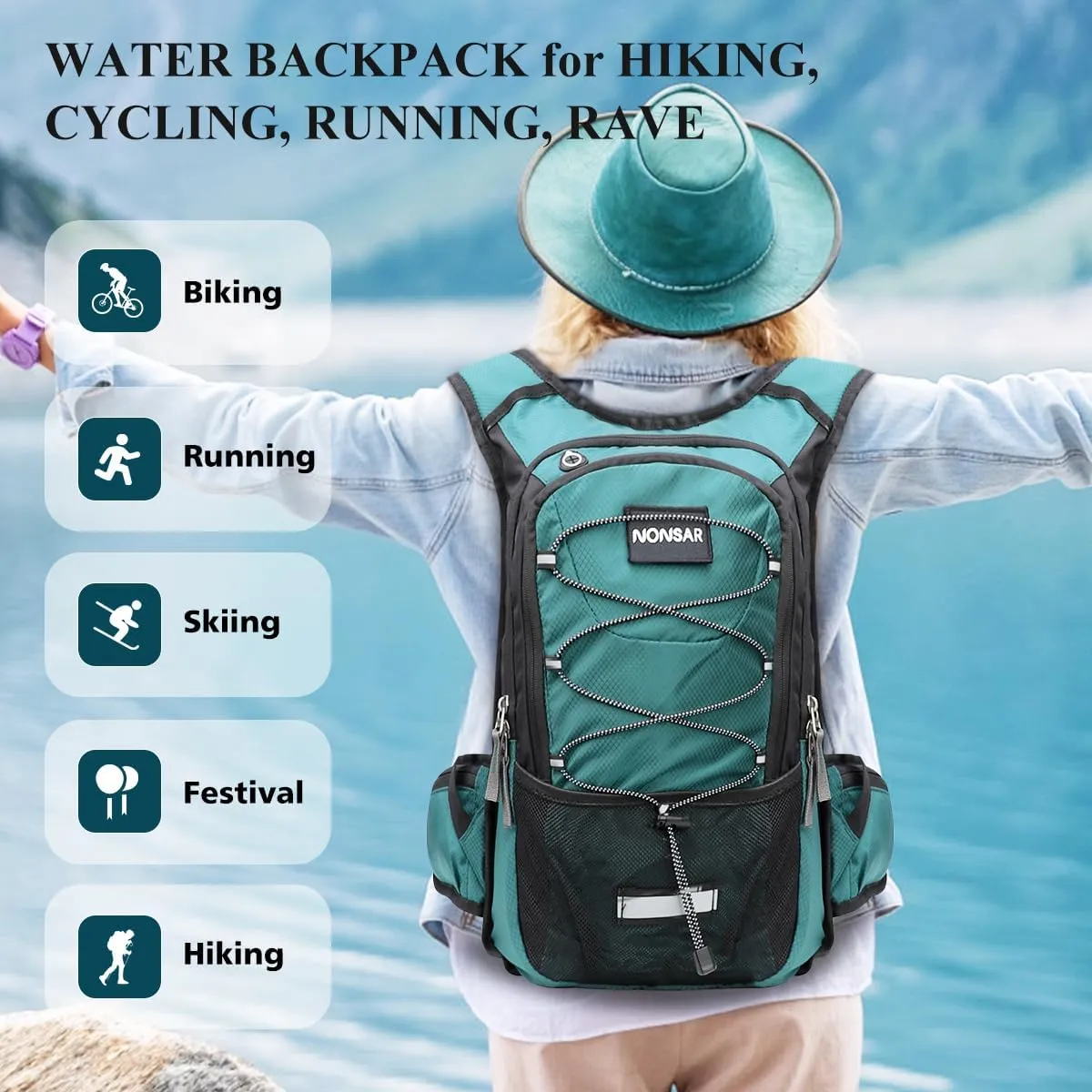 NONSAR Hydration Backpack, Hiking Backpack with 3L Water Bladder, Lightweight Insulation Hydration Pack, Water Backpack for Hiking, Cycling, Running, Festival, Camping for Men Women