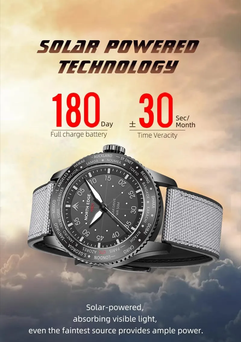 NORTH EDGE Men's Solar Pilot Watch - Quartz Movement, Mineral Glass, Lightweight & Durable Leather Strap, Model: MACH